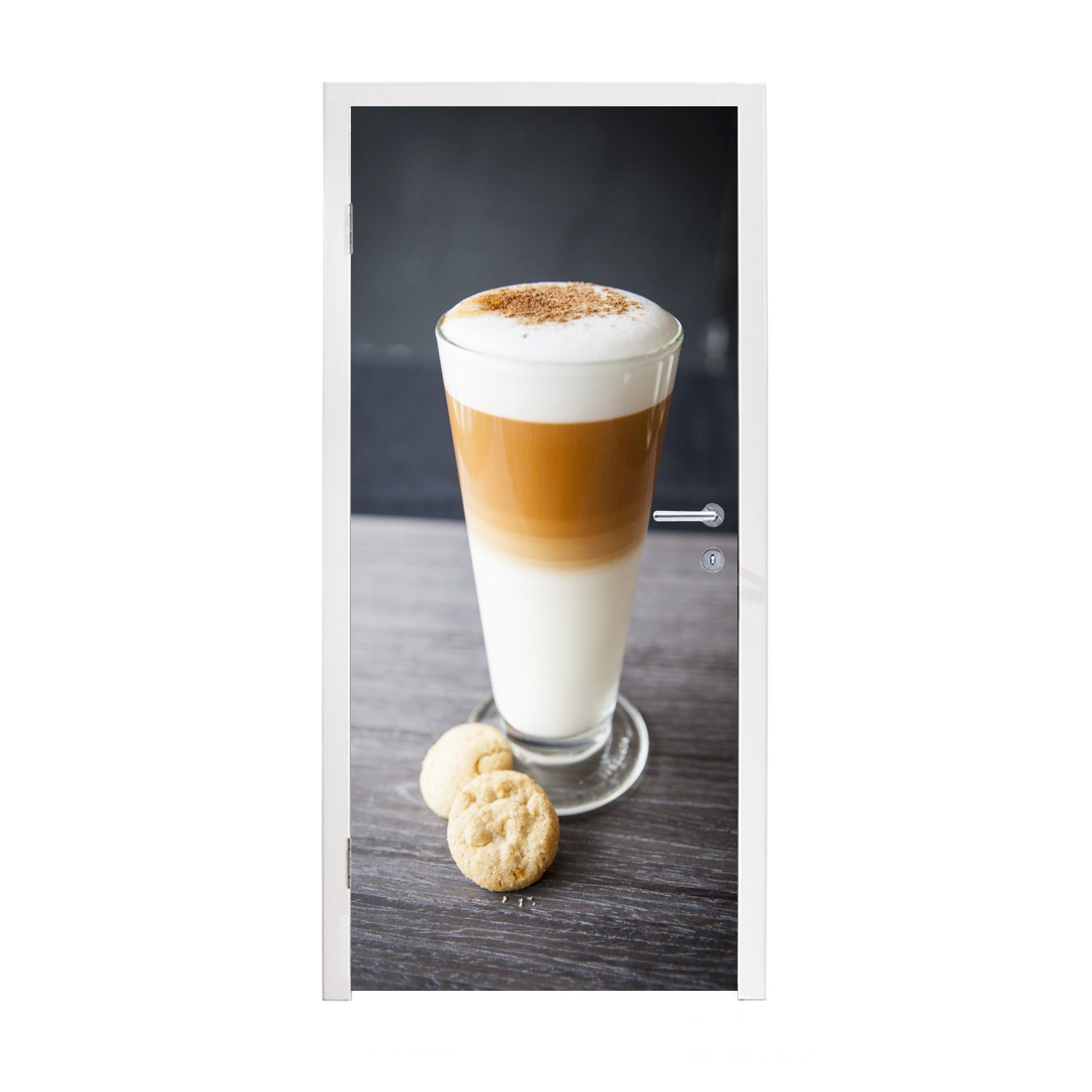 MuchoWow Türtapete Ein Glas Latte Macchiato und Kekse, Matt, bedruckt, (1 St), Fototapete für Tür, Türaufkleber, 75x205 cm
