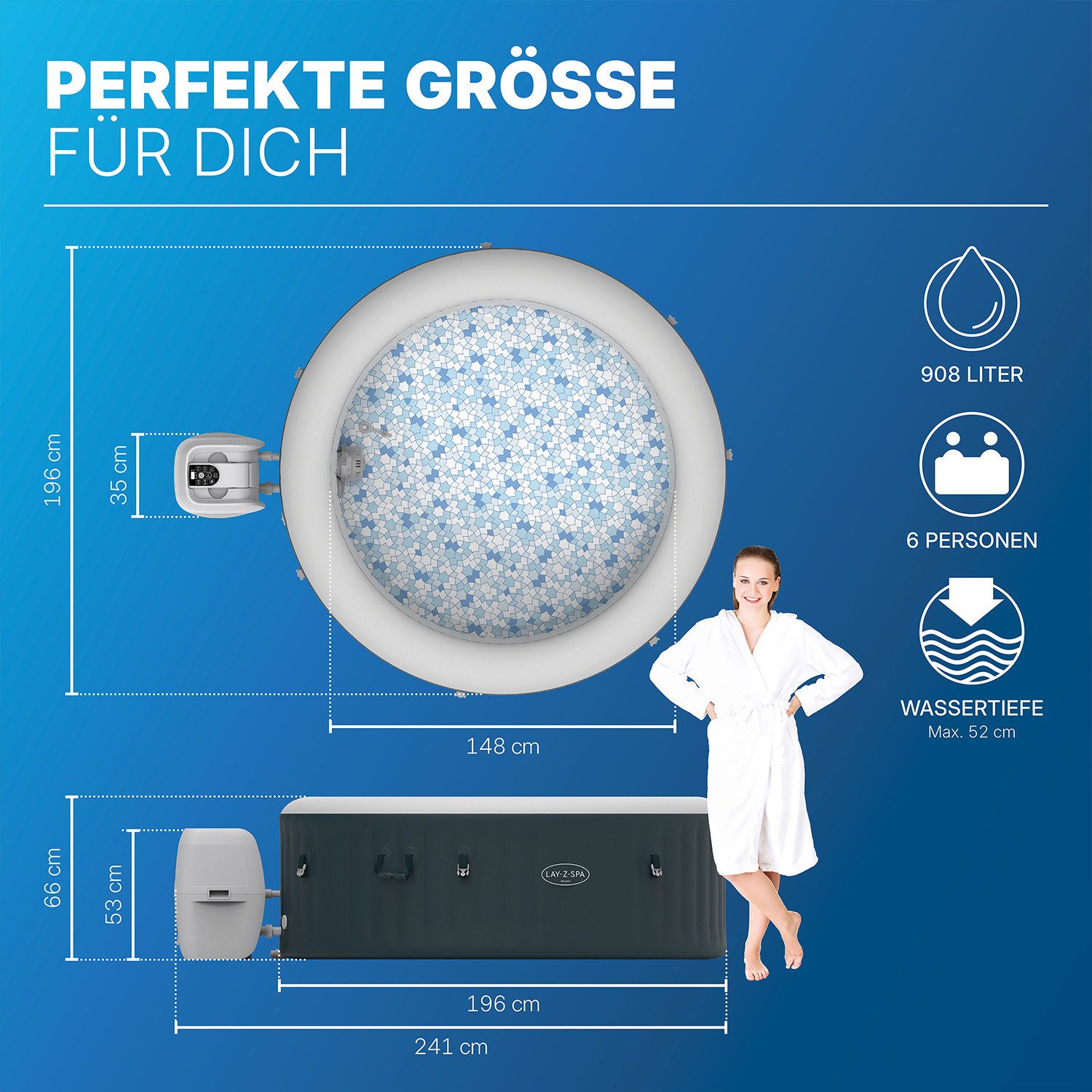 Bestway Whirlpool LAY-Z-SPA Miami AirJet, Aufstellbecken, (Set, Inkl. integrierte Energiespardämmung EnergySense®, für max. 6 Personen), Ø 196 x 66 cm