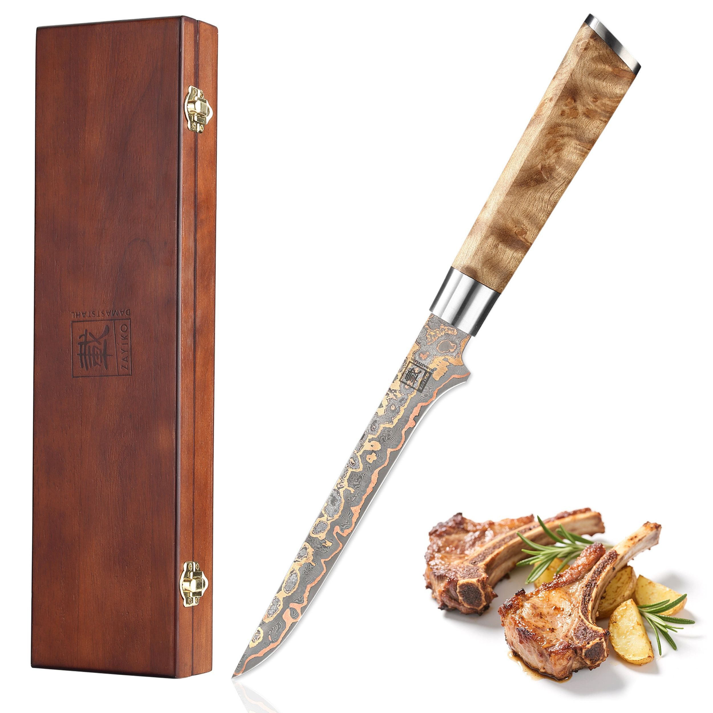 ZAYIKO Ausbeinmesser MysticMagma Damast Ausbeinmesser 18 cm Klinge Kupfer-Bronze-Einlage, Damaststahl, Kupfer-Bronze-Einlage