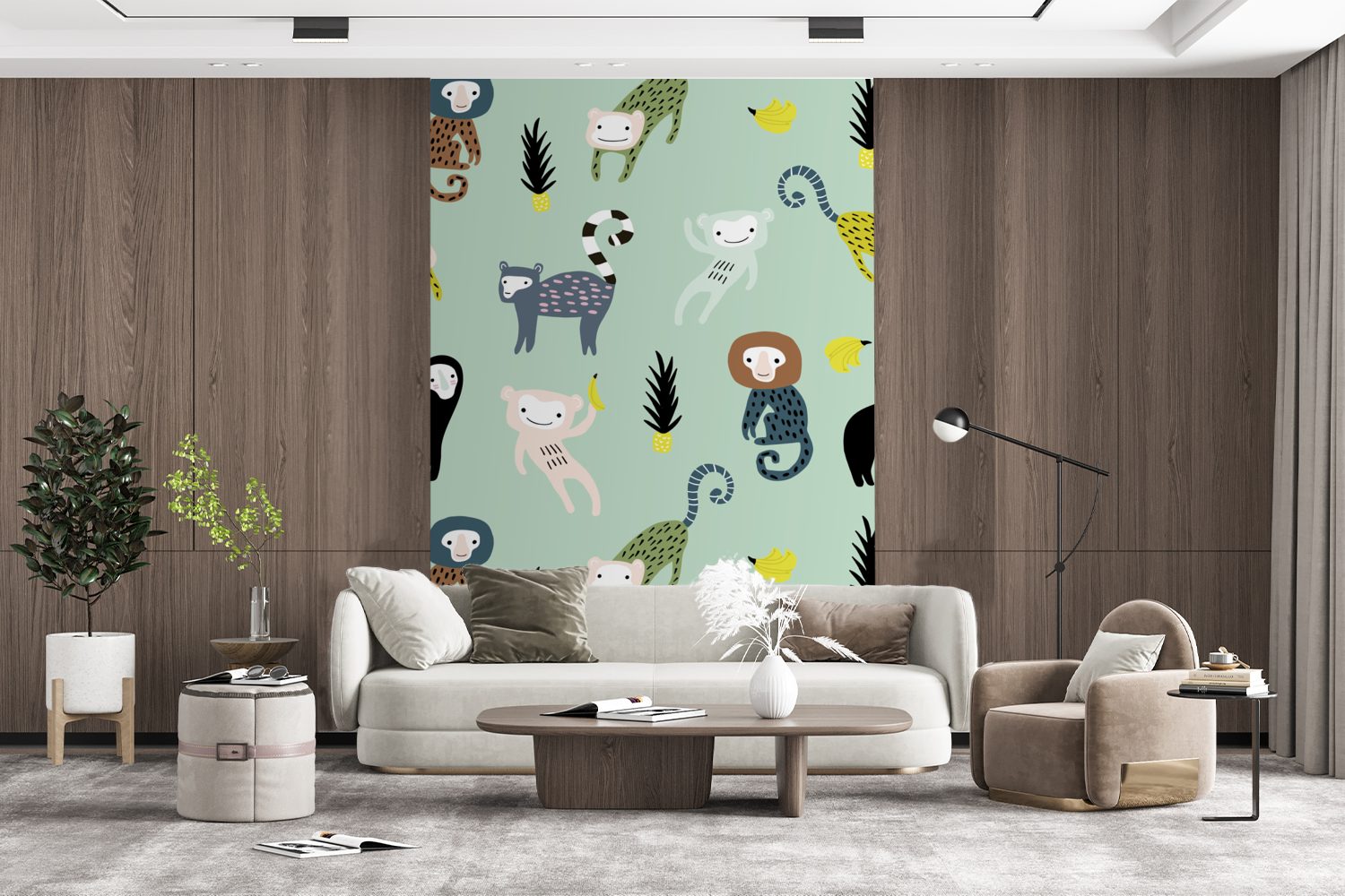 Grün, bedruckt, St), Fototapete Banane Wohnzimmer, Vinyl - - Montagefertig für Affe Matt, Tapete (3 MuchoWow Wandtapete
