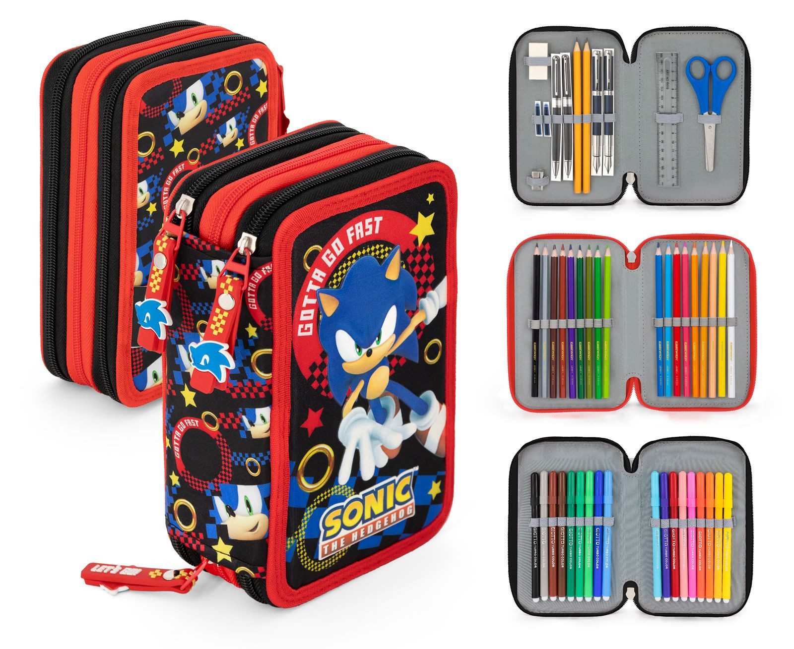 TOP! Federmäppchen Sonic the Hedgehog - Mäppchen Federmappe, 42 Teile, 3-fach gefüllt, (42-tlg., Jungen), Reißverschluss