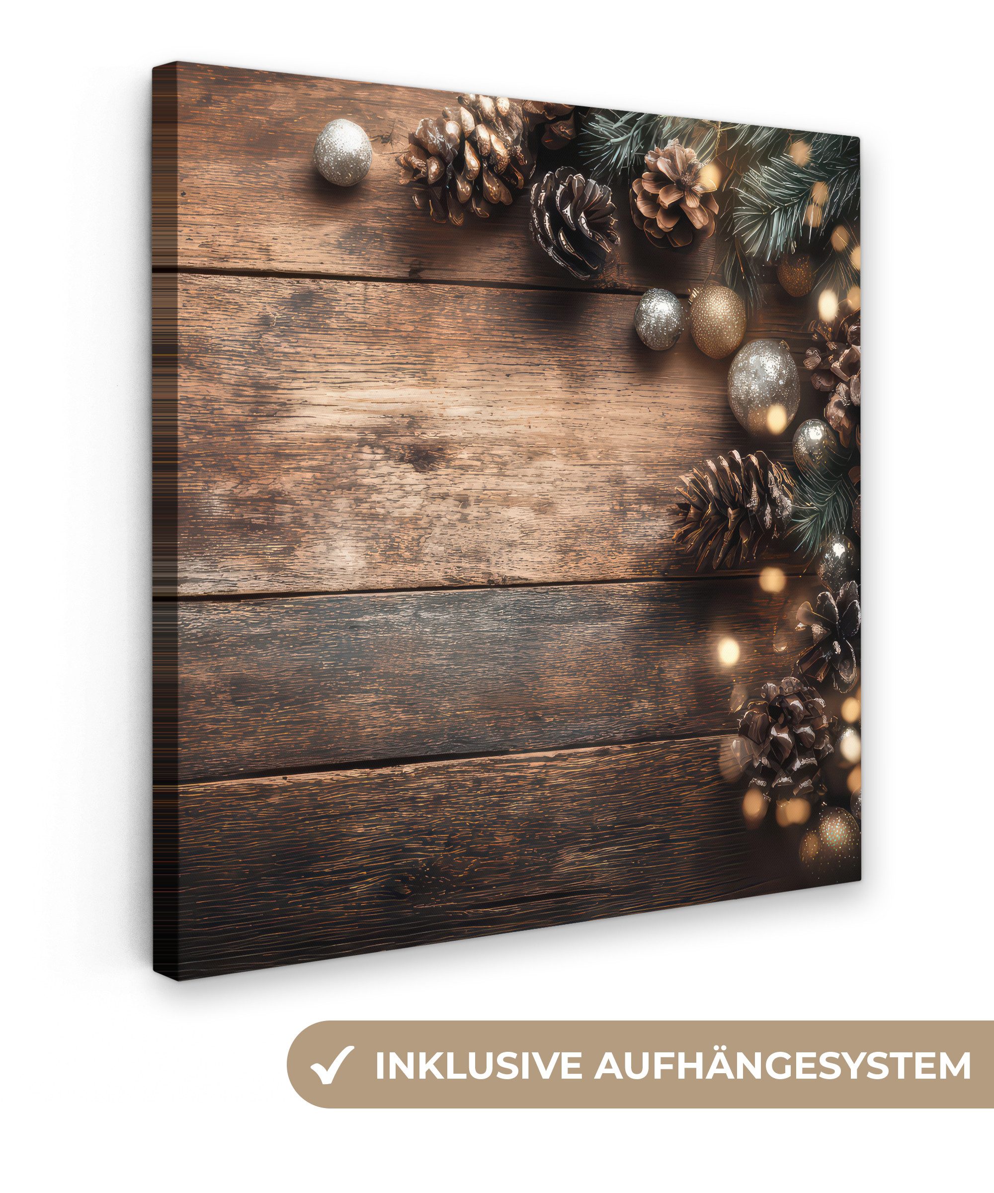 OneMillionCanvasses® Leinwandbild Weihnachts-Eckdekoration - Tannenzapfen - Lichter, Fotodruck (1 St), Wandbild, Deko Schlafzimmer Wohnzimmer Flur 20x20 cm