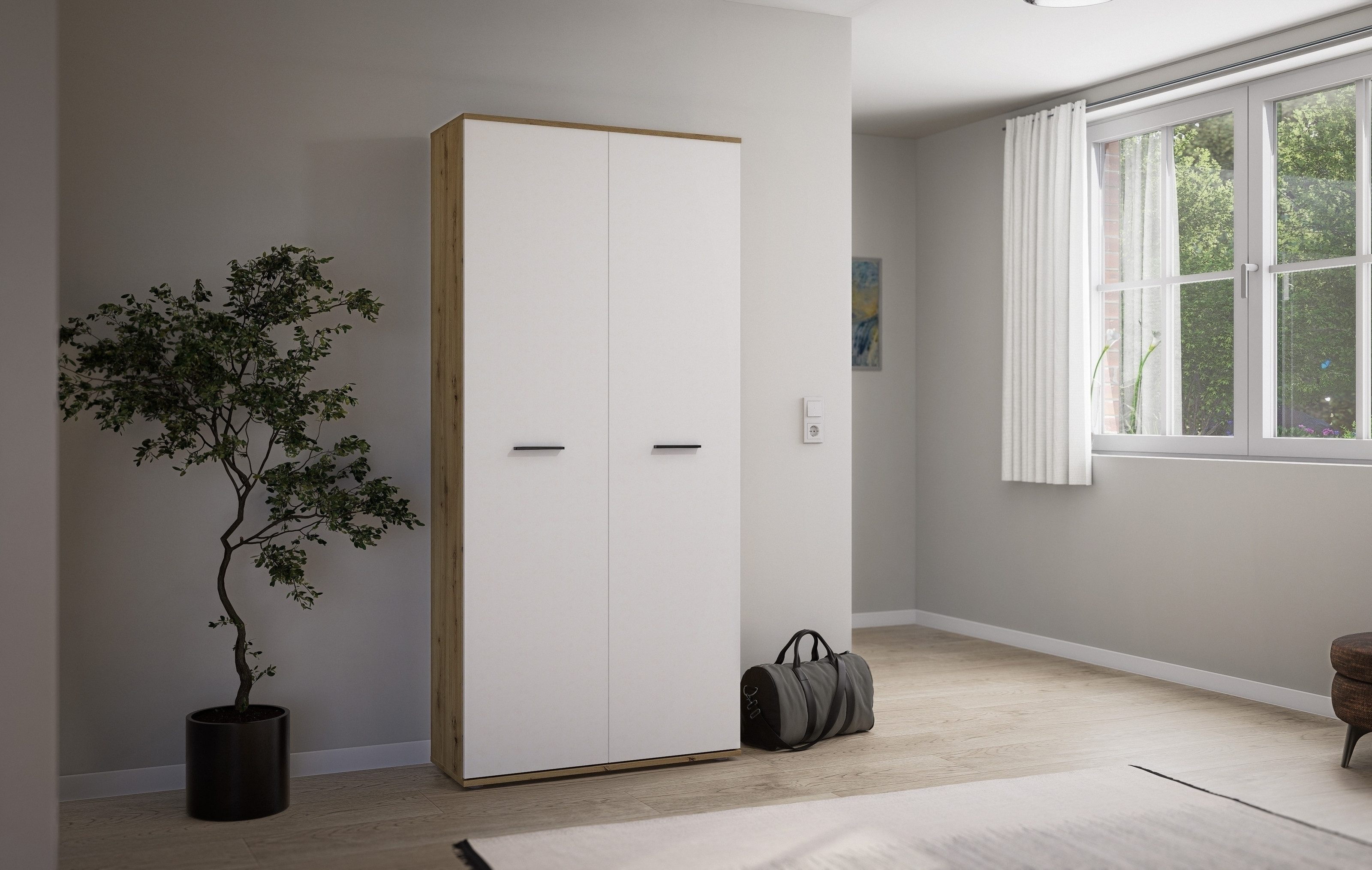 PREISBRECHER Schuhschrank Leon 2 Türen, 2 Schübe, 9 Böden, Eiche Dekor / Weiß - 90x195x38cm (BxHxT)