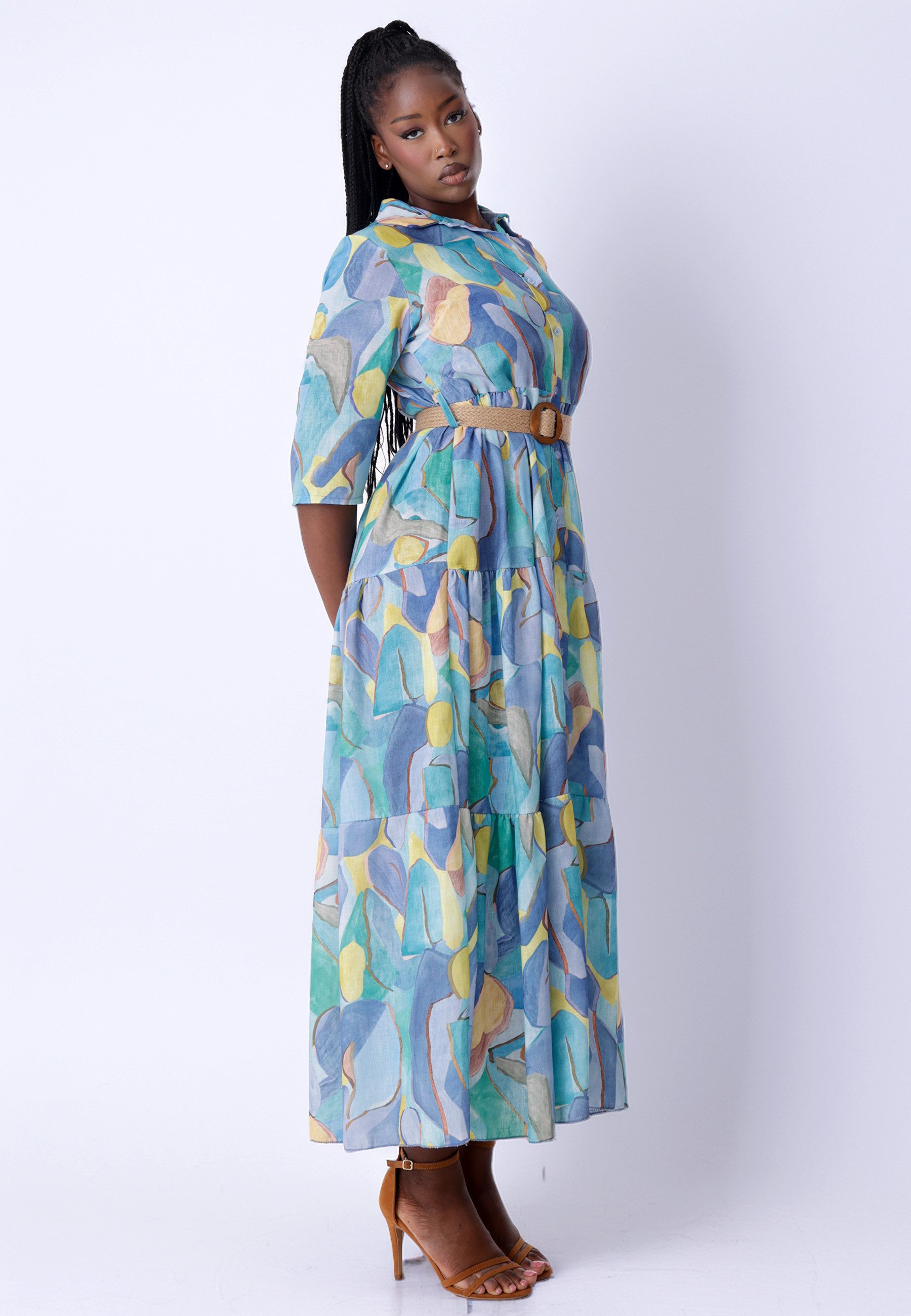 YC Fashion & Style Maxikleid Leinenkleid mit Bindegürtel & Stufenrock mit Alloverdruck