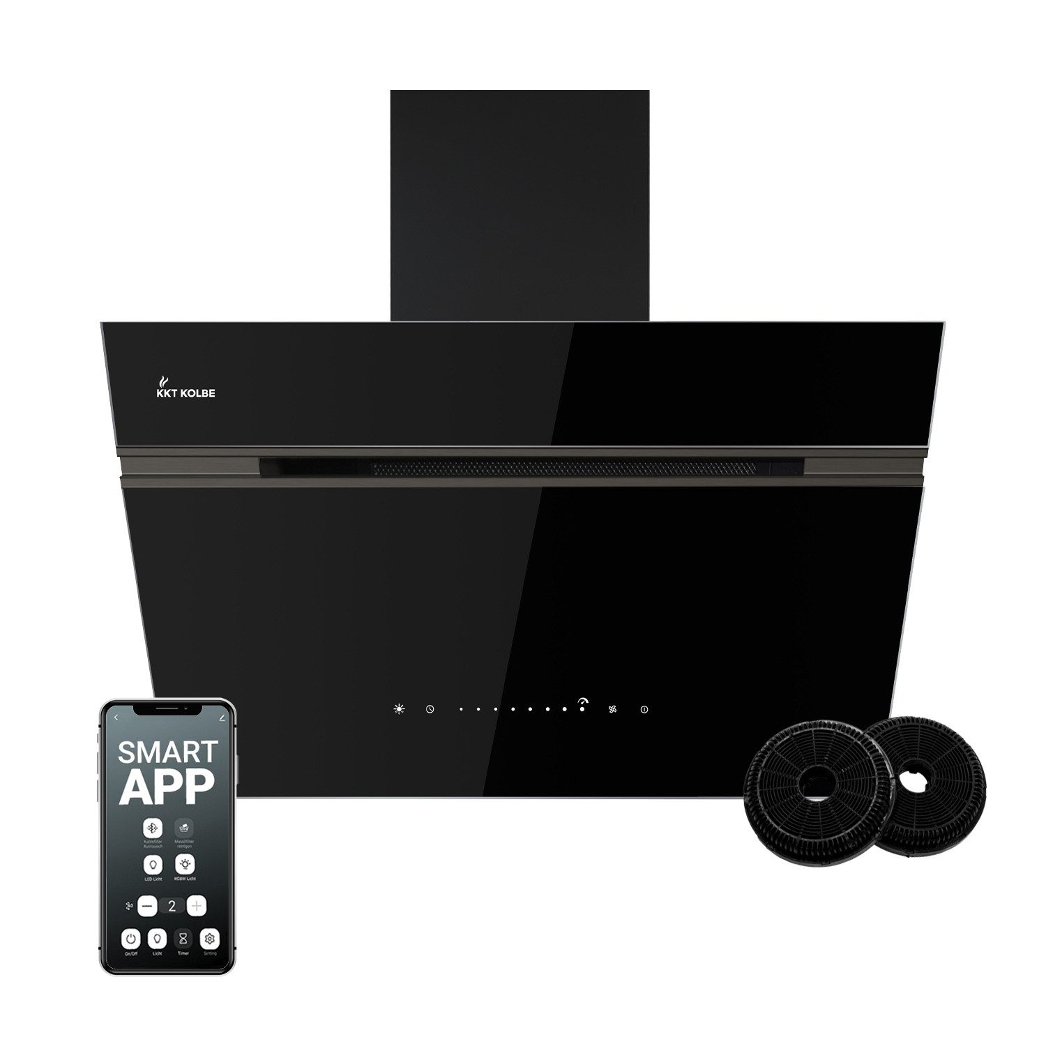 KKT KOLBE Wandhaube Dunstabzugshaube 60cm AURORA6005FB RGBW Ambientebeleuchtung Kopffreihaube / Umluft / Abluft / Smarte WiFi-App / Schwarz / Glas