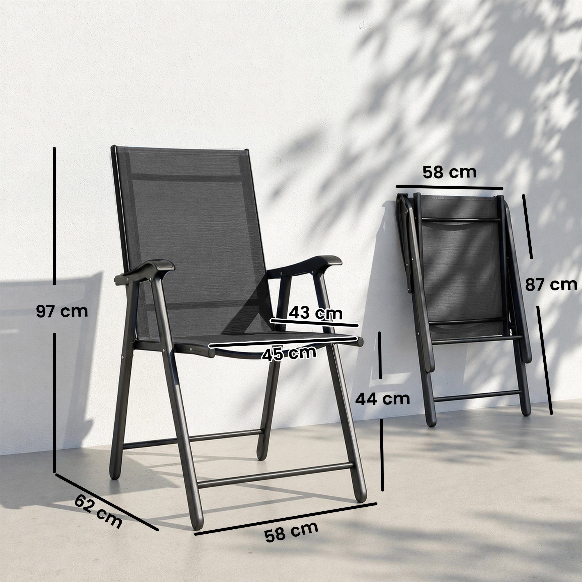 Outsunny Klappstuhl Campingstuhl mit hoher Rückenlehne Armlehne (Gartenstuhl, 2 St), für Garten Balkon Terrasse Schwarz 58 x 62 x 97 cm