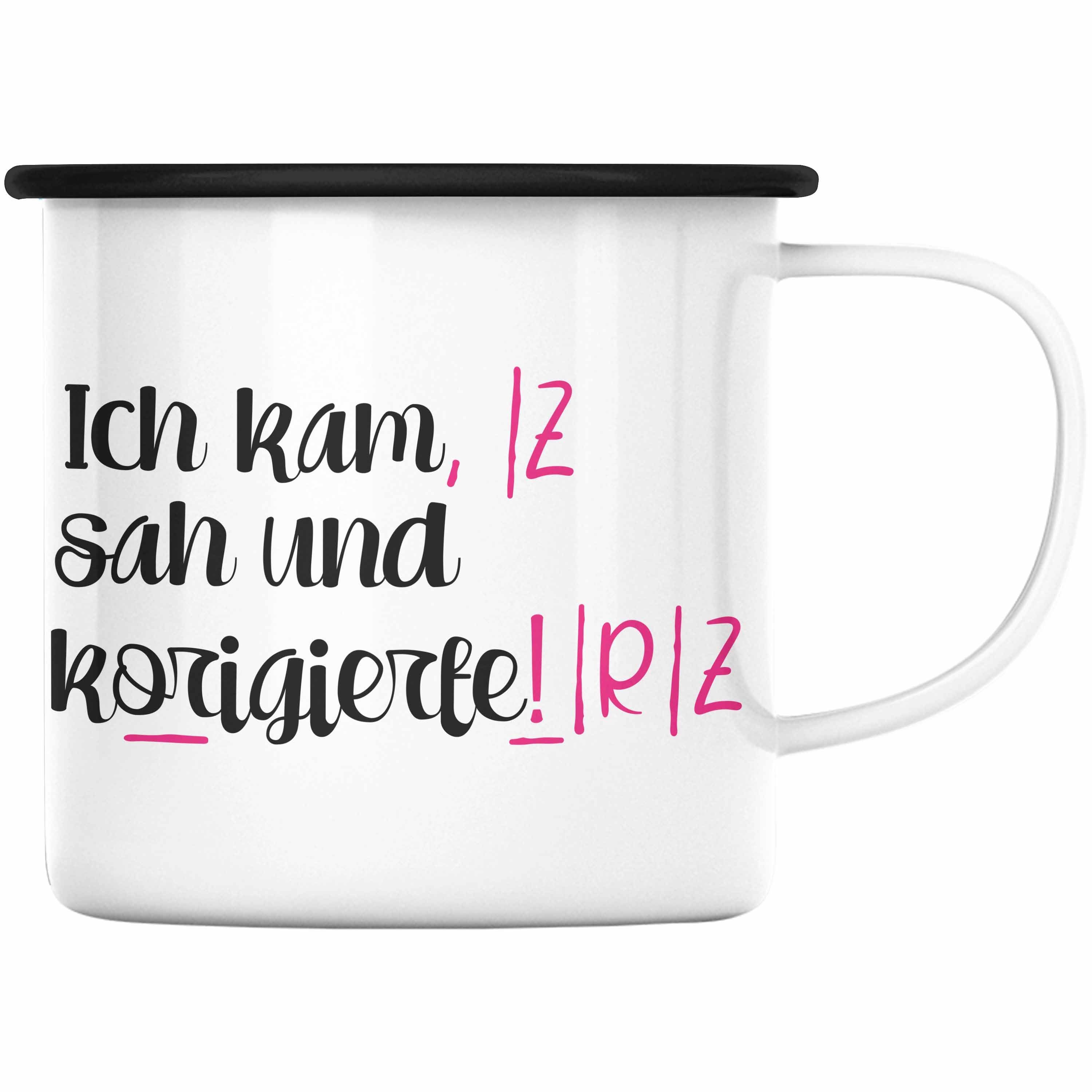 Trendation Thermotasse Trendation - Lehrerin Geschenk Emaille Tasse Spruch Grundschule Geschke Lustig für Lehrerinnen Abschied Geschenkidee Englisch Deutsch