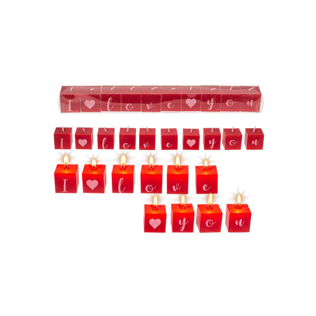 what the shop Stumpenkerze Kerzenblock „I love you“–10er Set, rot, 3x3 cm, Geschenk & Deko, Liebevoller Kerzengruß mit Herz & Stil