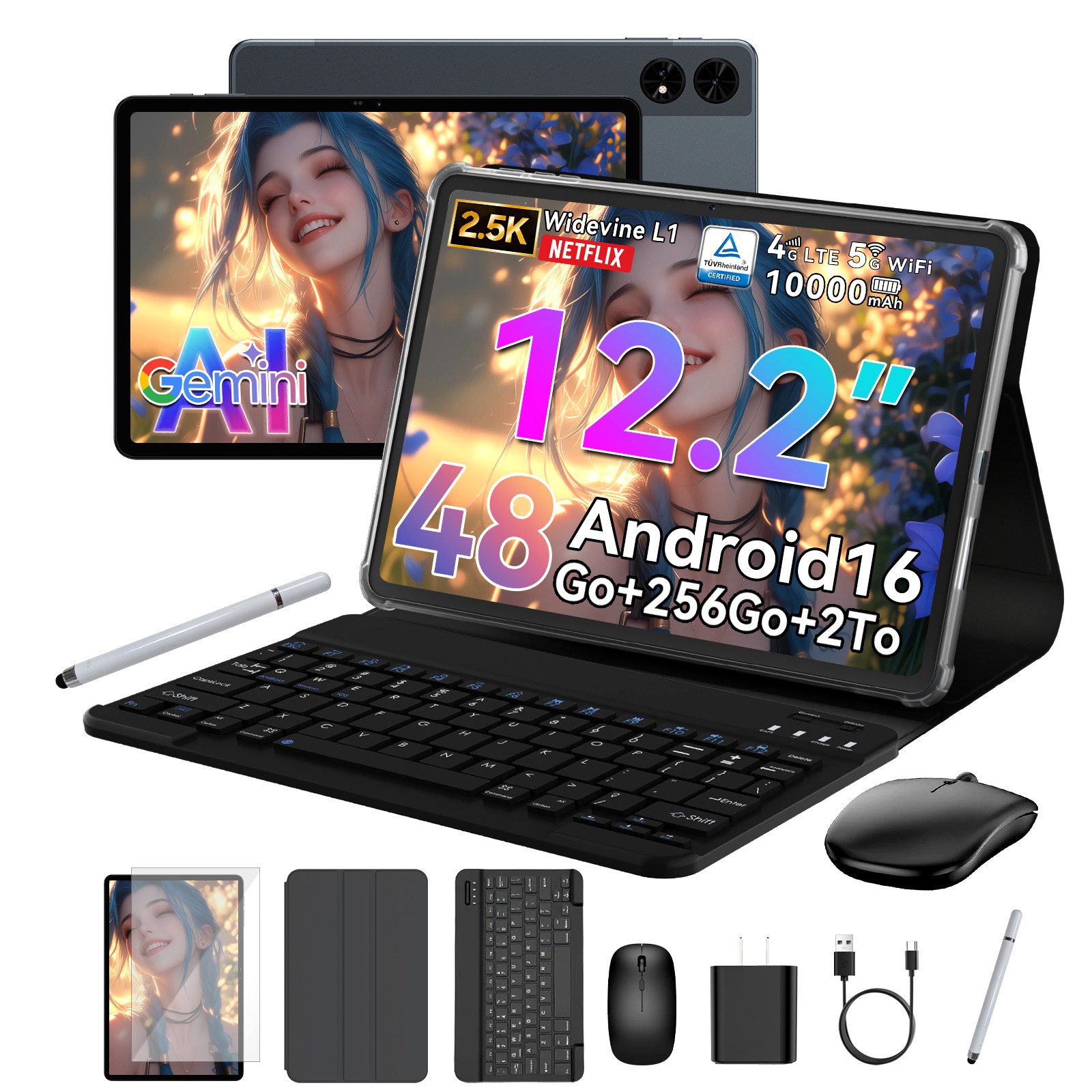TABWEE 12,2" Android 16 4G LTE 10000 mAh Akku 256 GB Tablet (12.2", 256 GB, Android16, Android 16, 4G LTE, 5G Wifi, 10000 mAh Akku, mit Stift/Maus/Tastatur)