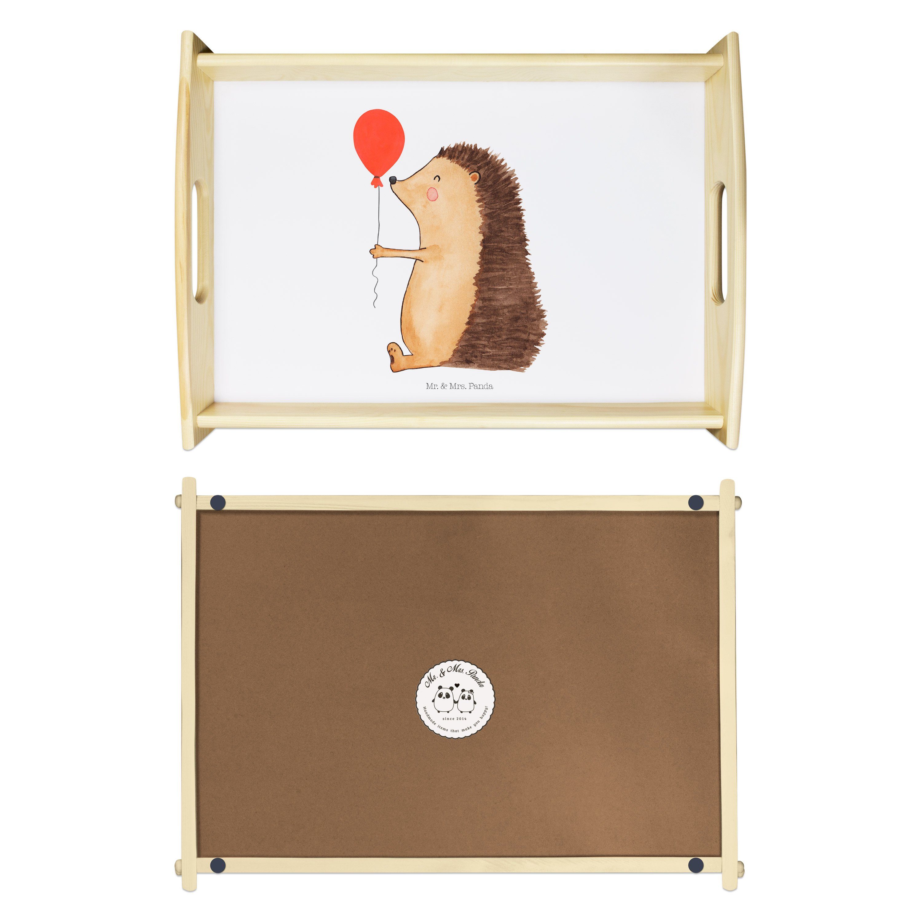 Dekotablett, Panda mit Mrs. (1-tlg) Tablett - Luftballon Mr. Echtholz - Geschenk, Geburtstagskind, & lasiert, Igel Weiß