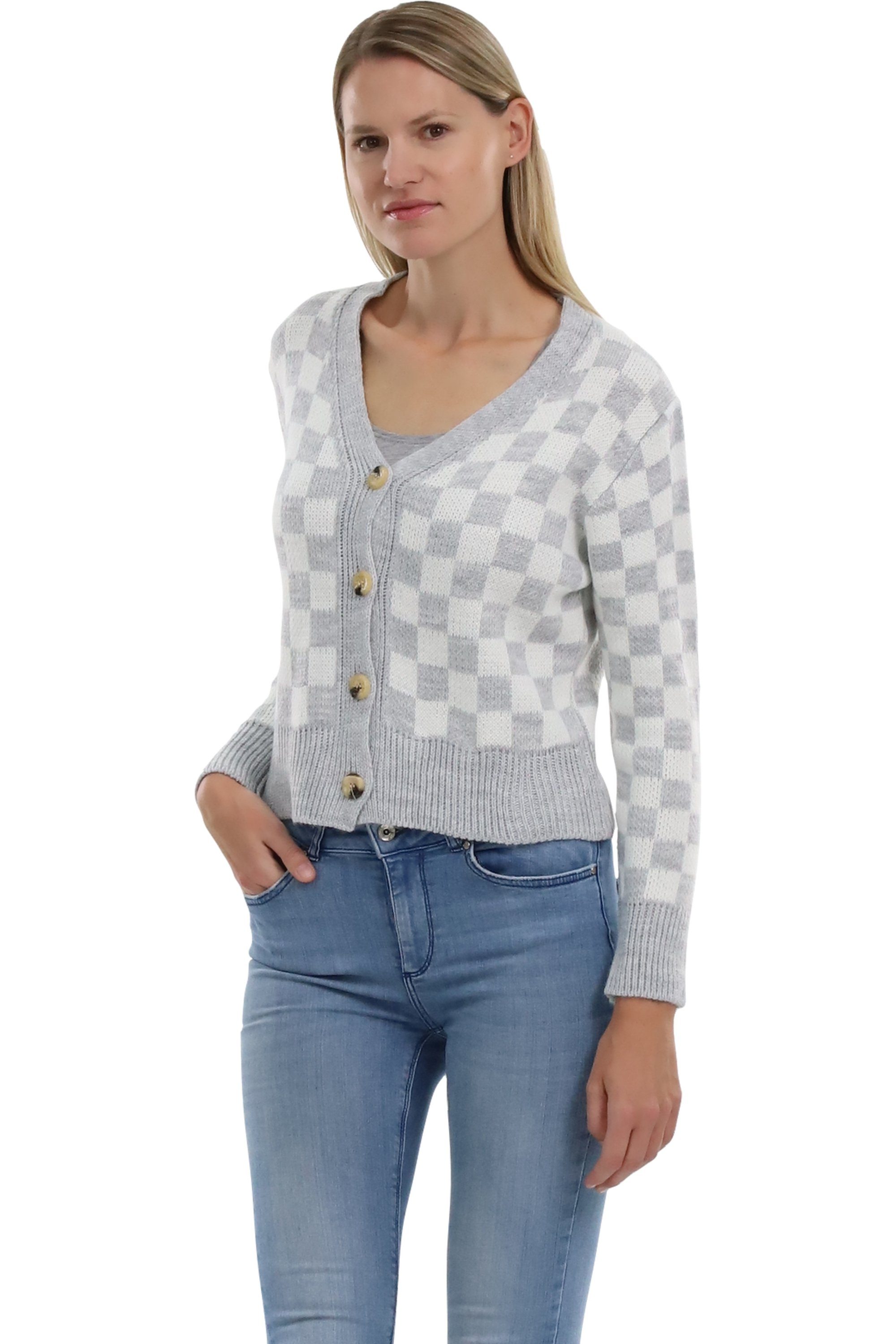 malito more than fashion Cardigan malito Damen Strickweste mit Knöpfen, Cardigan im eleganten Karodesig knöpfbare kurze Strickjacke im Karodesign