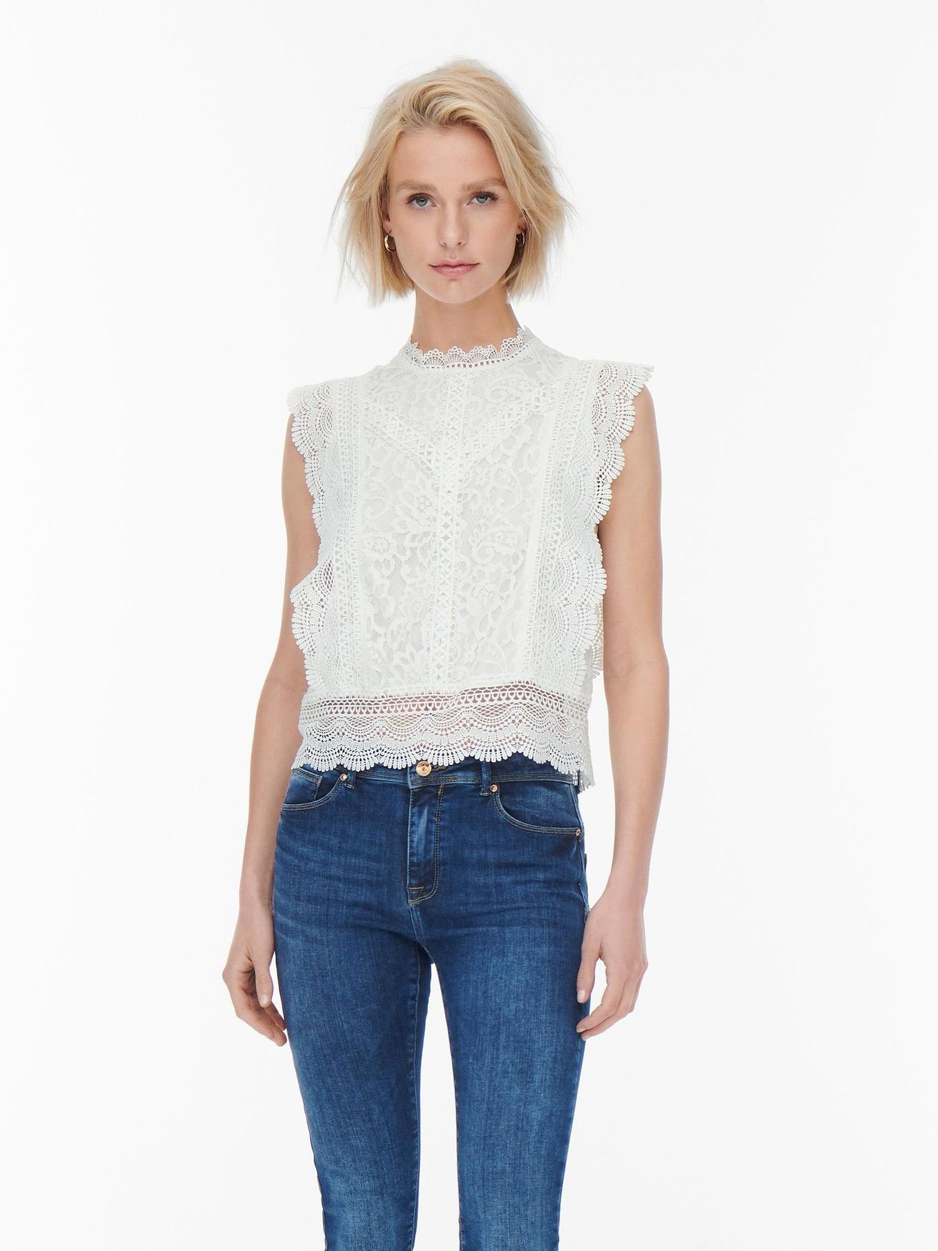 ONLY Blusenshirt Top in Weiß Spitzen ONLKARO Shirt 4737 Ärmellos Transparentes Bluse Sleeveless