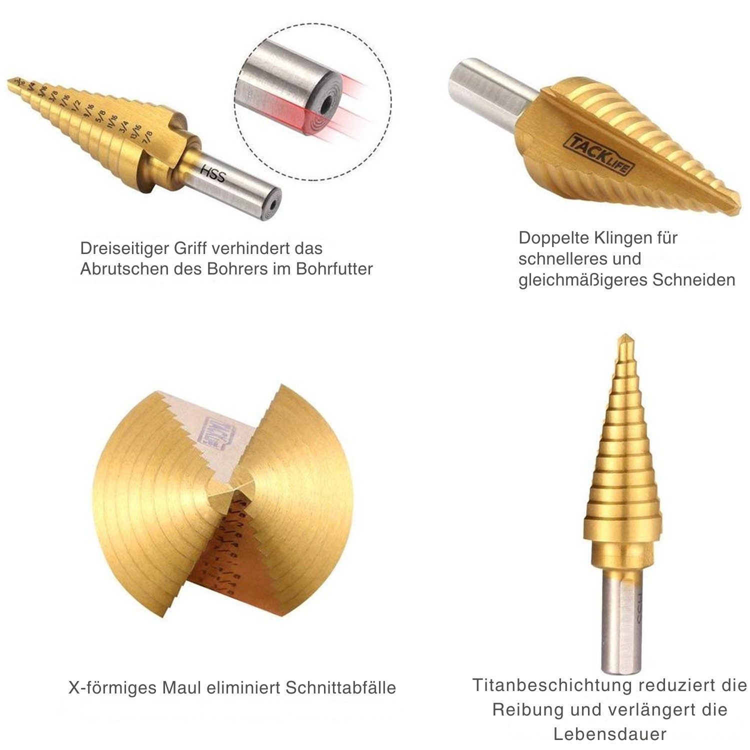 TACKLIFE Bohrersatz Schritt Bohrer Set mit & automatische Center Punch insgesamt 50 Größen