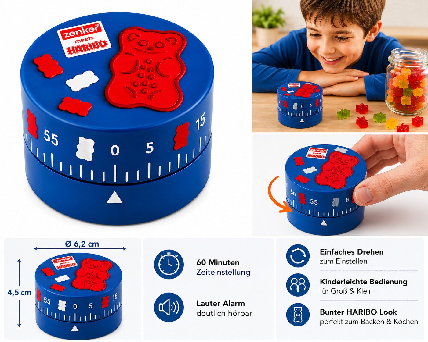 Zenker Kurzzeitmesser Haribo Bär Küchentimer 60 Minuten 1 Stunde Timer zum Kochen & Backen