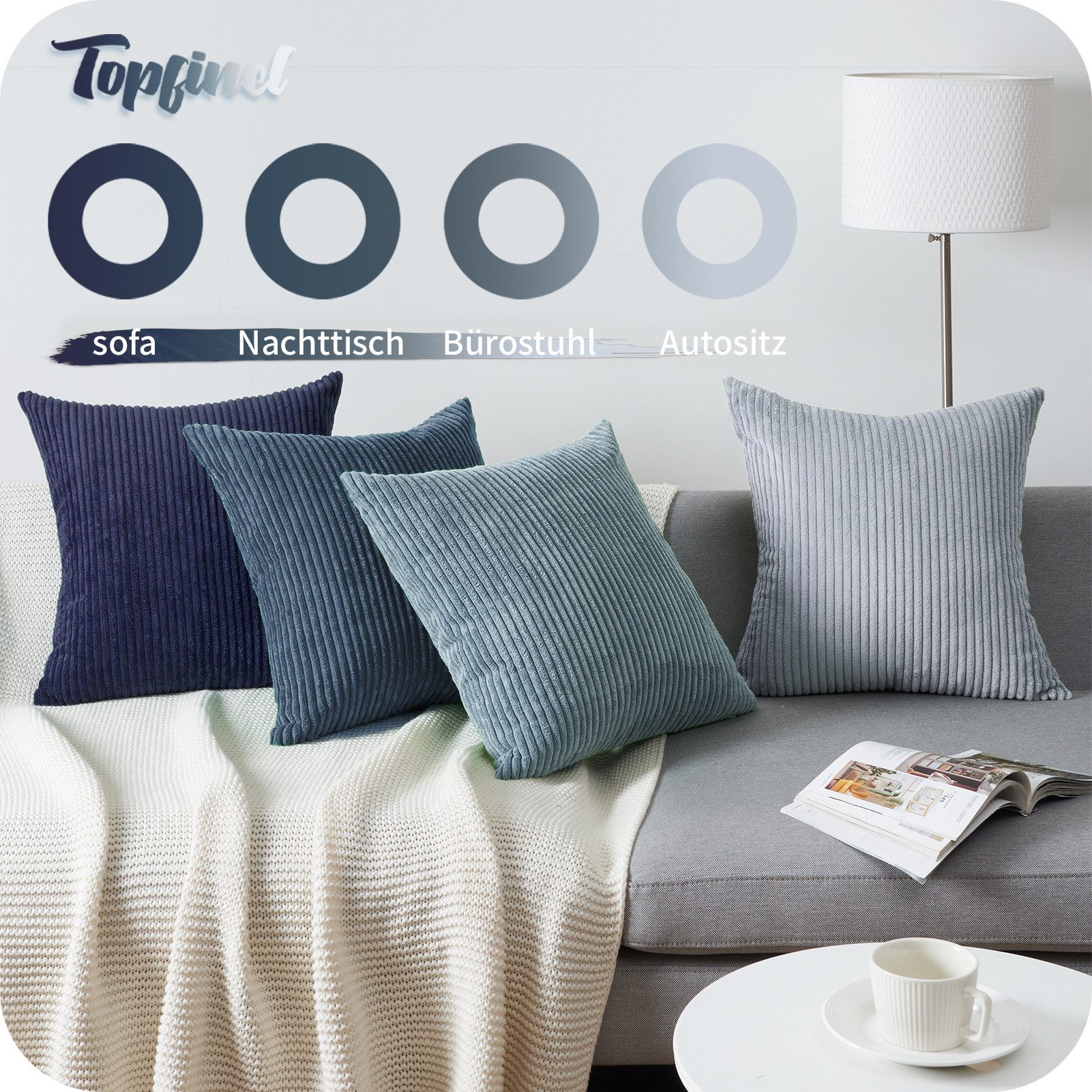 Topfinel Kissenbezüge 4er Set Kordsamt, flauschig Farbverlauf, Gestreift, kissenhüllen 40x40 dekokissen blau sofakissenbezug couchkissen
