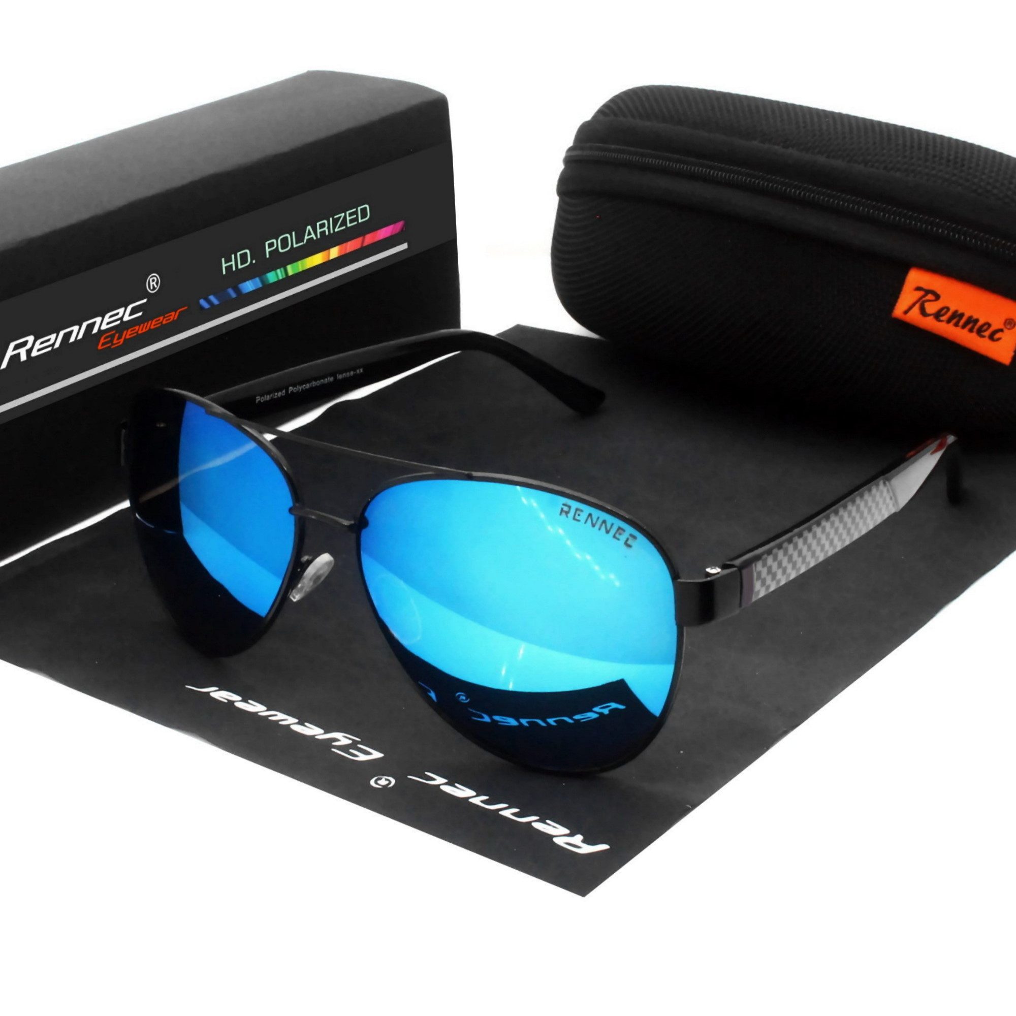 Rennec Sonnenbrille (Pilotenbrille Polarisiert Groß mit Blau Verspiegelten Gläsern, Piloten Sonnenbrille für Damen Herren mit Hardcase) Verspiegelt UV400 Polarisierte Linsen breite Motorsport Brillenbügel