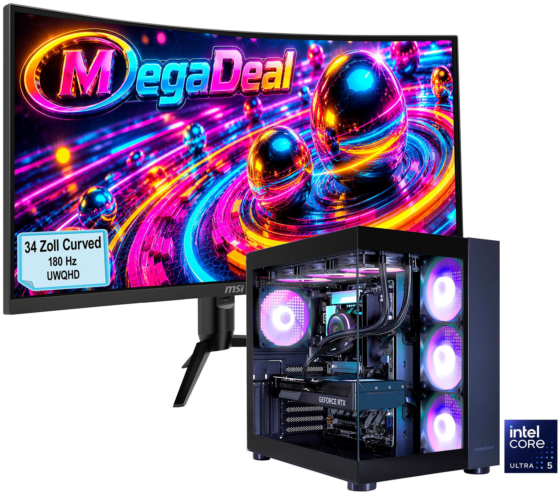 Cougar MegaDeal FV150 BK 2846 Core Ultra 5 245KF 32GB DDR5 1TB SSD RTX 5070 Gaming-PC-Komplettsystem (34", Intel® Core Ultra 5 245KF, RTX 5070, 32 GB RAM, 1000 GB SSD, Windows 11, DDR5 RAM + MSI MAG 342CQR E2 Curved Monitor 86cm (34)