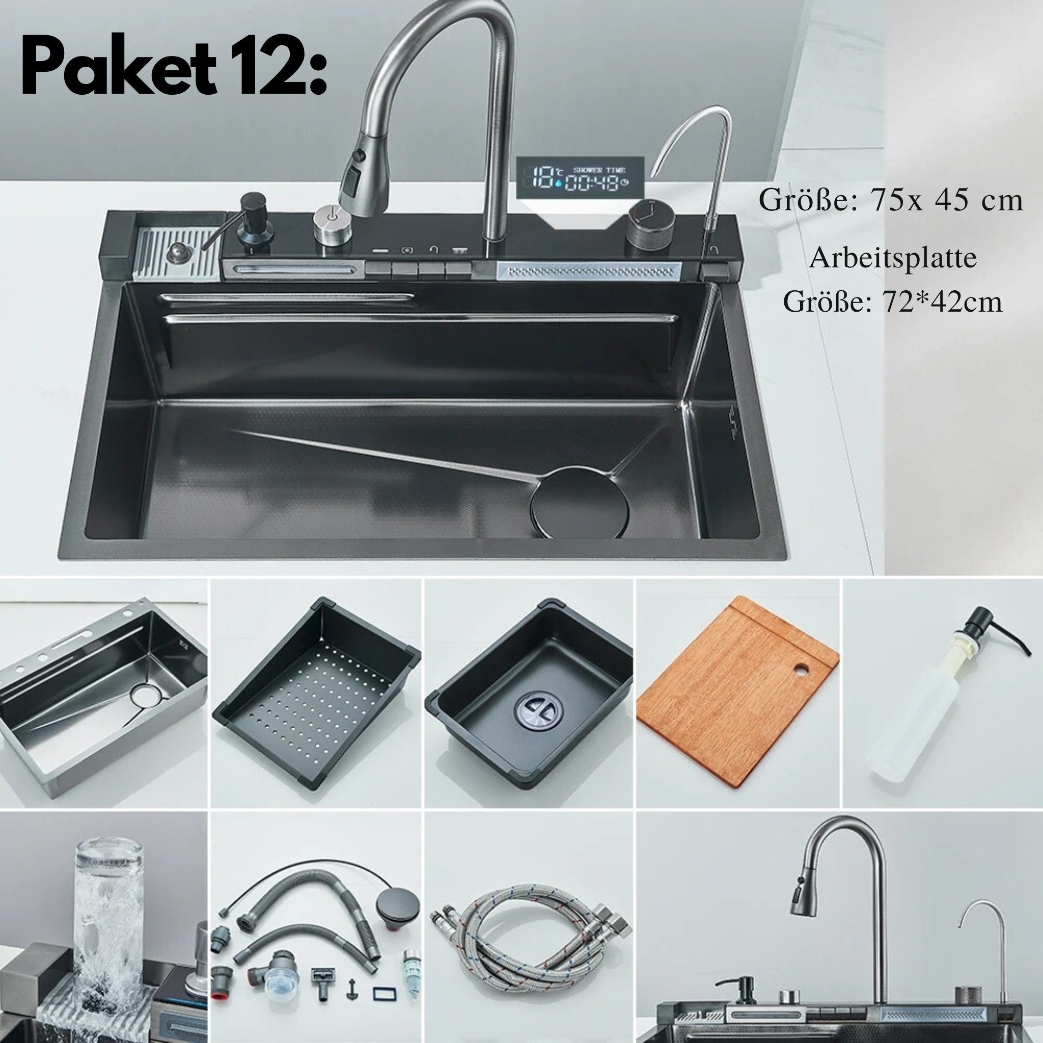 LuxaSteel Edelstahlspüle Smarte Küchenspüle – Einbauspülbecken mit Wasserfall-Funktion, (Komplettset), Smartes Geschirrspülbecken mit hohem Funktionsumfang
