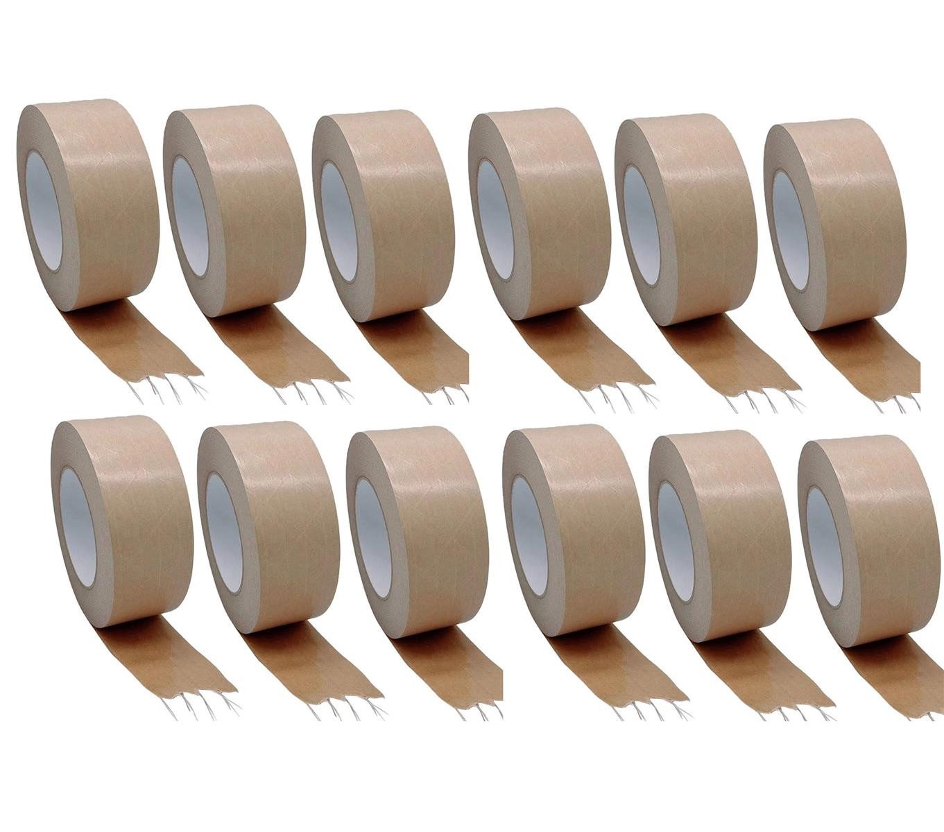 BAYLI Klebeband 12 Rollen Packband Papier 50mm x 50m, FADENVERSTÄRKT - 130µ - Starke