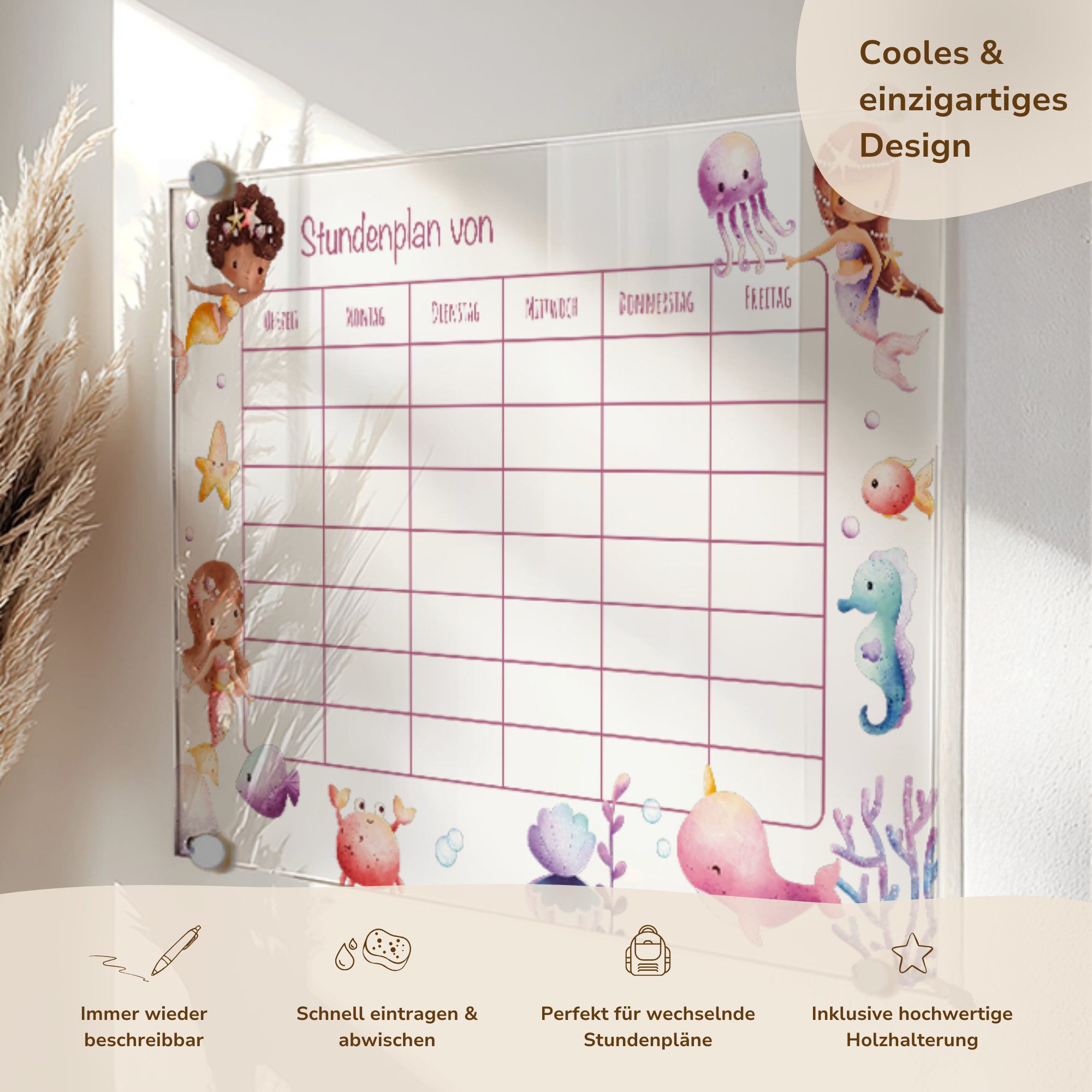 MeinBaby123® Schreibtischkalender Einschulung, Stundenplan Acrylglas transparent, Stundenplan abwischbar, Schulanfang Geschenk, inkl. Holzhalterung – Bild 3 von 5