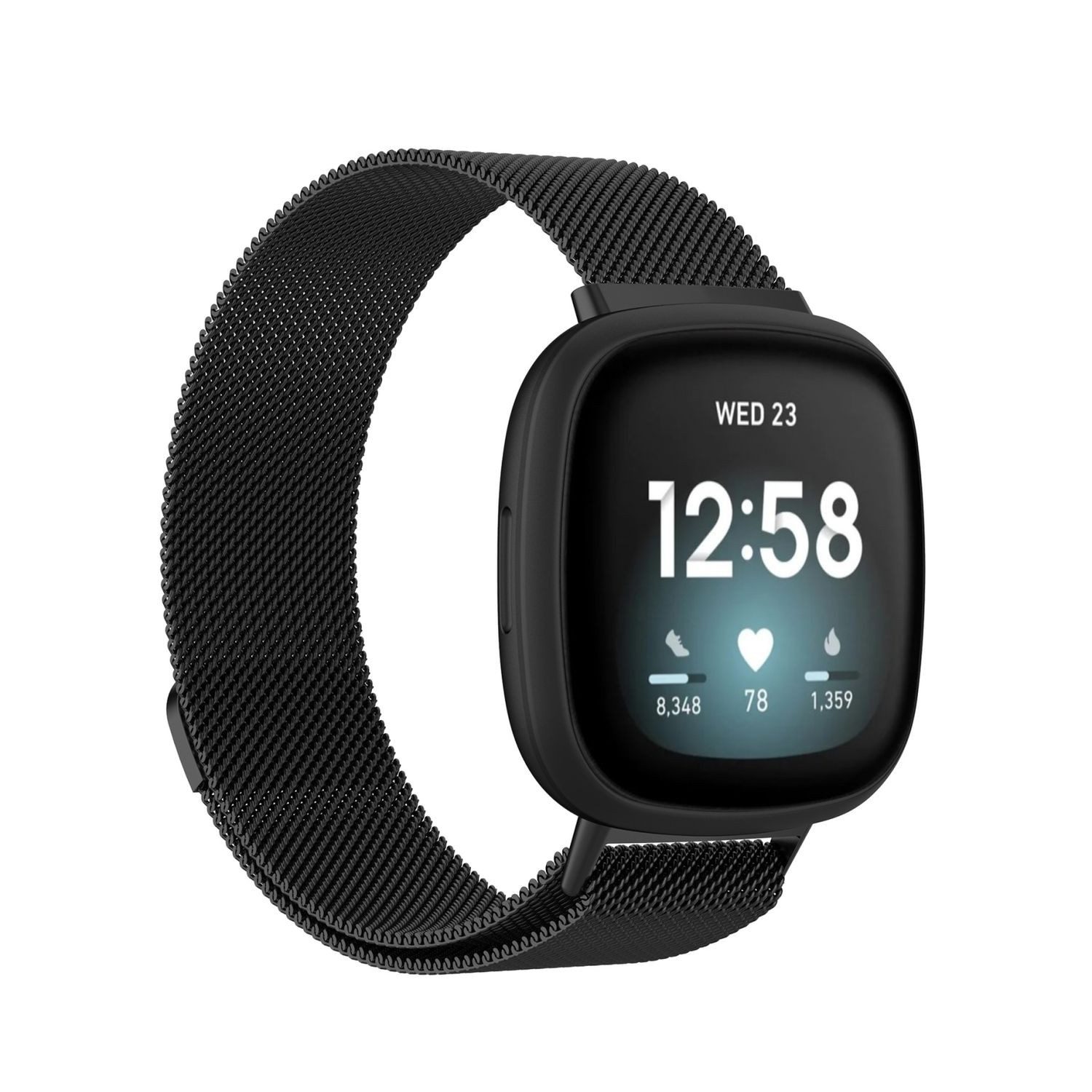 Wigento Smartwatch-Armband Für Fitbit Versa 4 + 3 / Sense 1+ 2 Magnet Metall Uhr Armband Schwarz