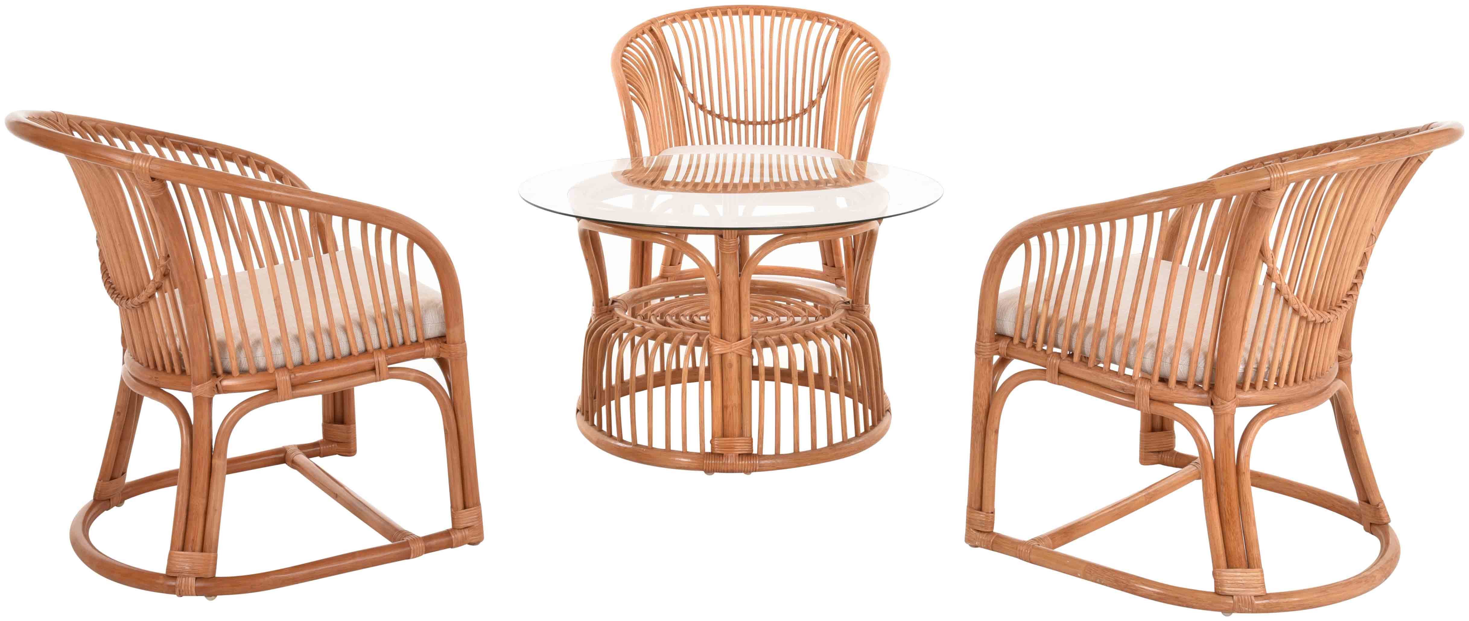 Krines Home Sitzgruppe Set/4 Gestäbte Rattan Sitzgarnitur Wintergarten Gruppe Rattanmöbel, (4-tlg., 3x Sessel, 1x Tisch), Set für 3 Personen