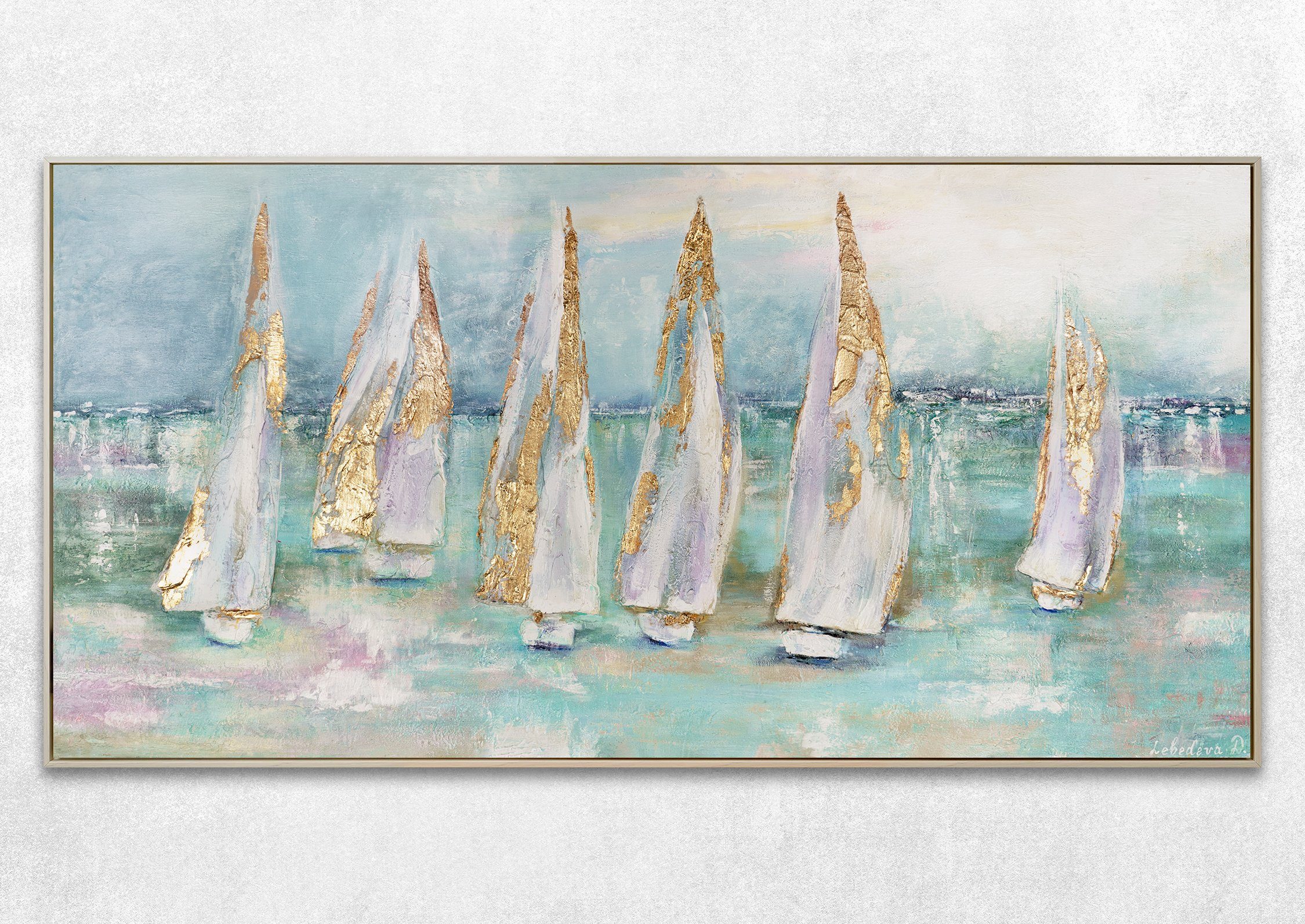 Handgemalt in Leinwand YS-Art Türkis Meer Rahmen Beige Segelboote Bild Meer, Mit am Segelboote, Gold Gemälde