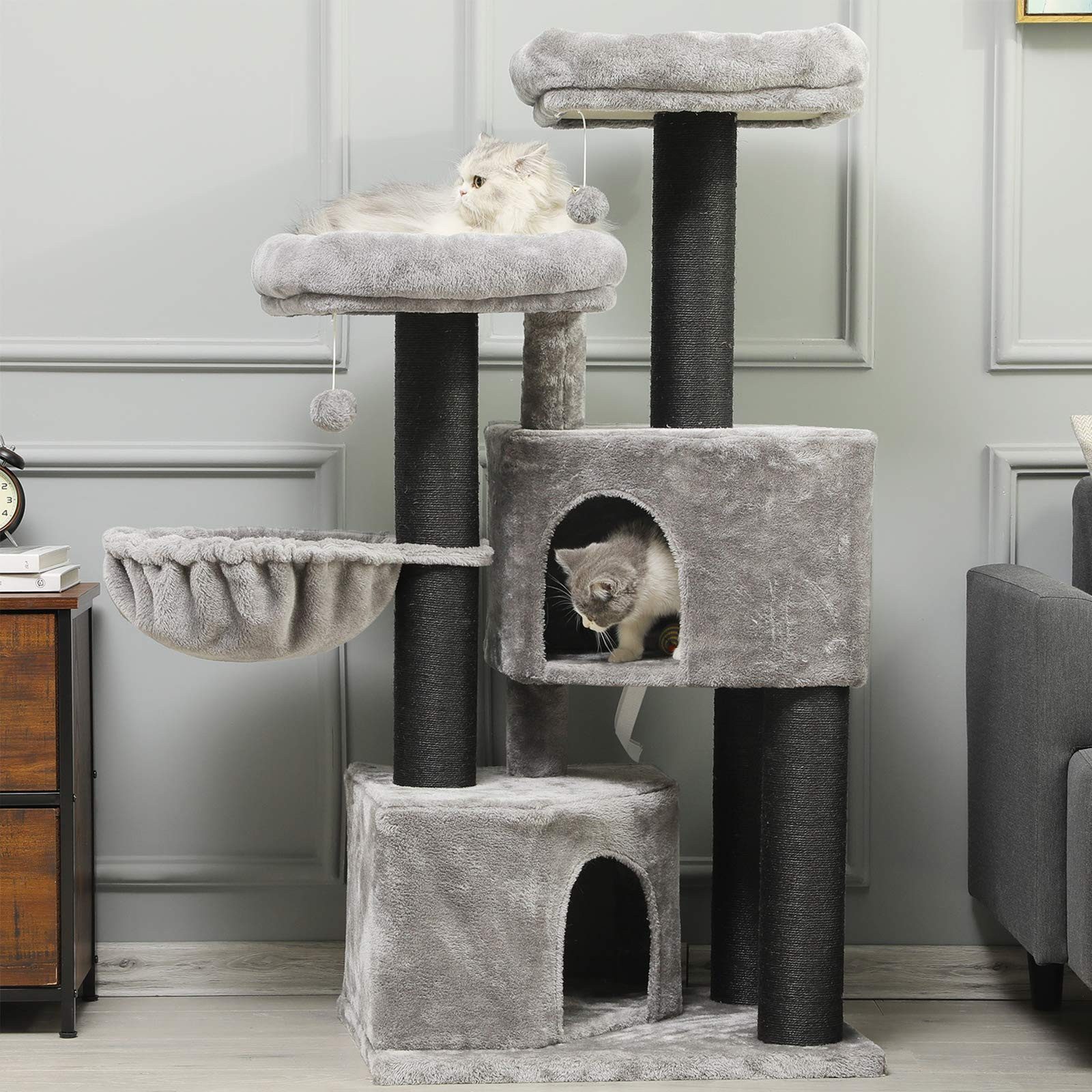MSMASK Kratzbaum groß für Katzen stabil mit Sisal-Kratzstangen, 2 Aussichtsplattform