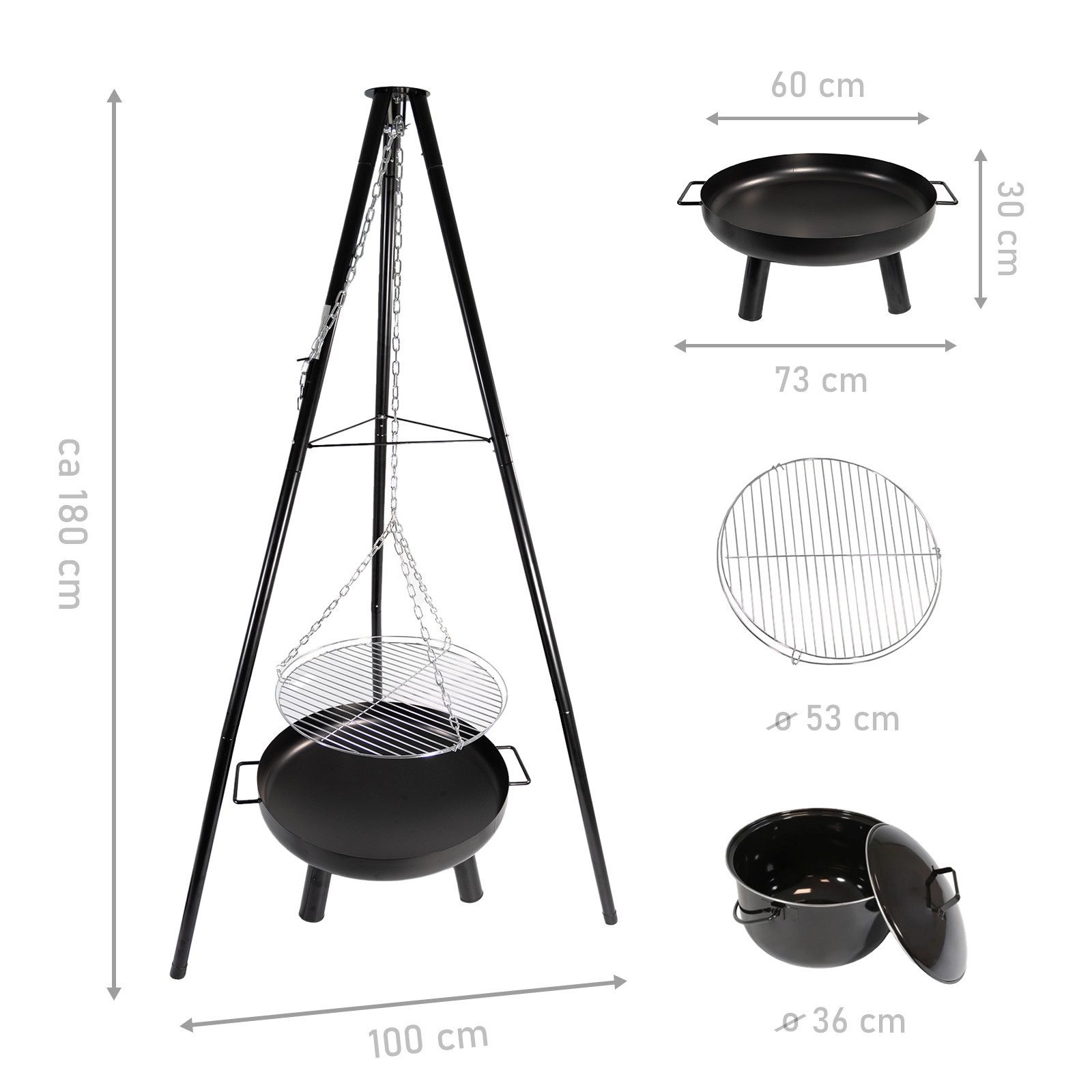 Lemodo Schwenkgrill Schwenkgrill mit Feuerschale, 52 cm großer Grillrost, Extra große Grillfläche mit viel Zubehör
