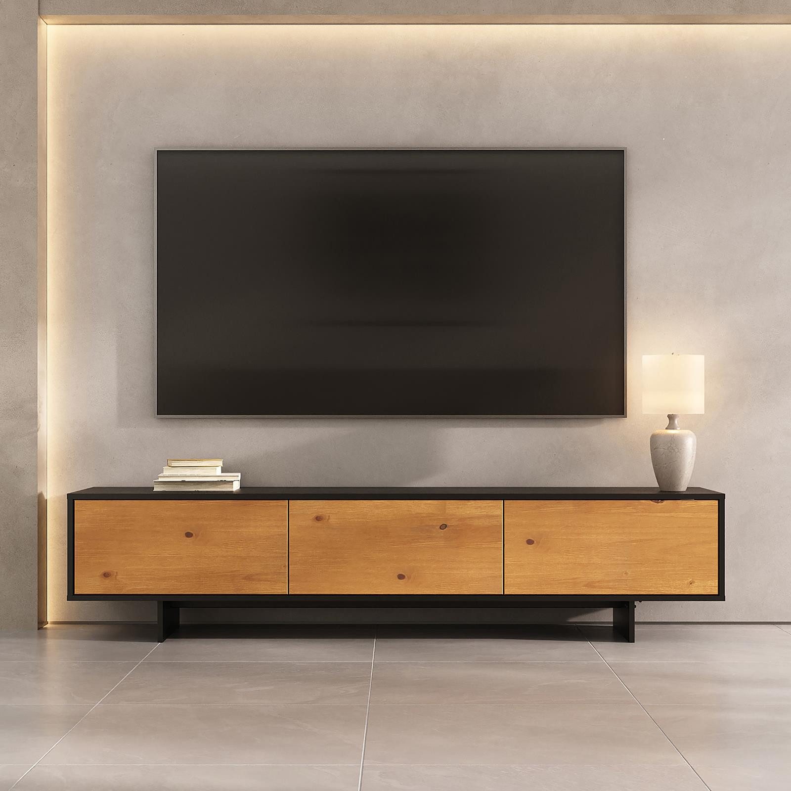 IDIMEX Lowboard ARTO, Niedriges Sideboard 185 cm Massivholz Fronten Schwarz/Eiche Finish