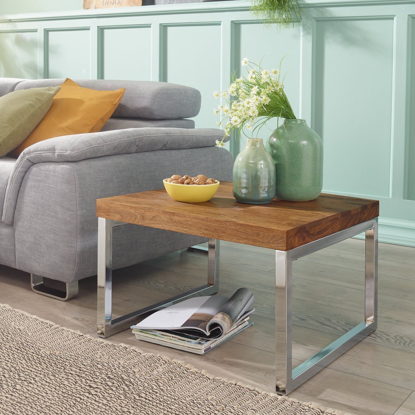 FINEBUY Beistelltisch FB36082 (Massivholz / Chrom günstig online kaufen