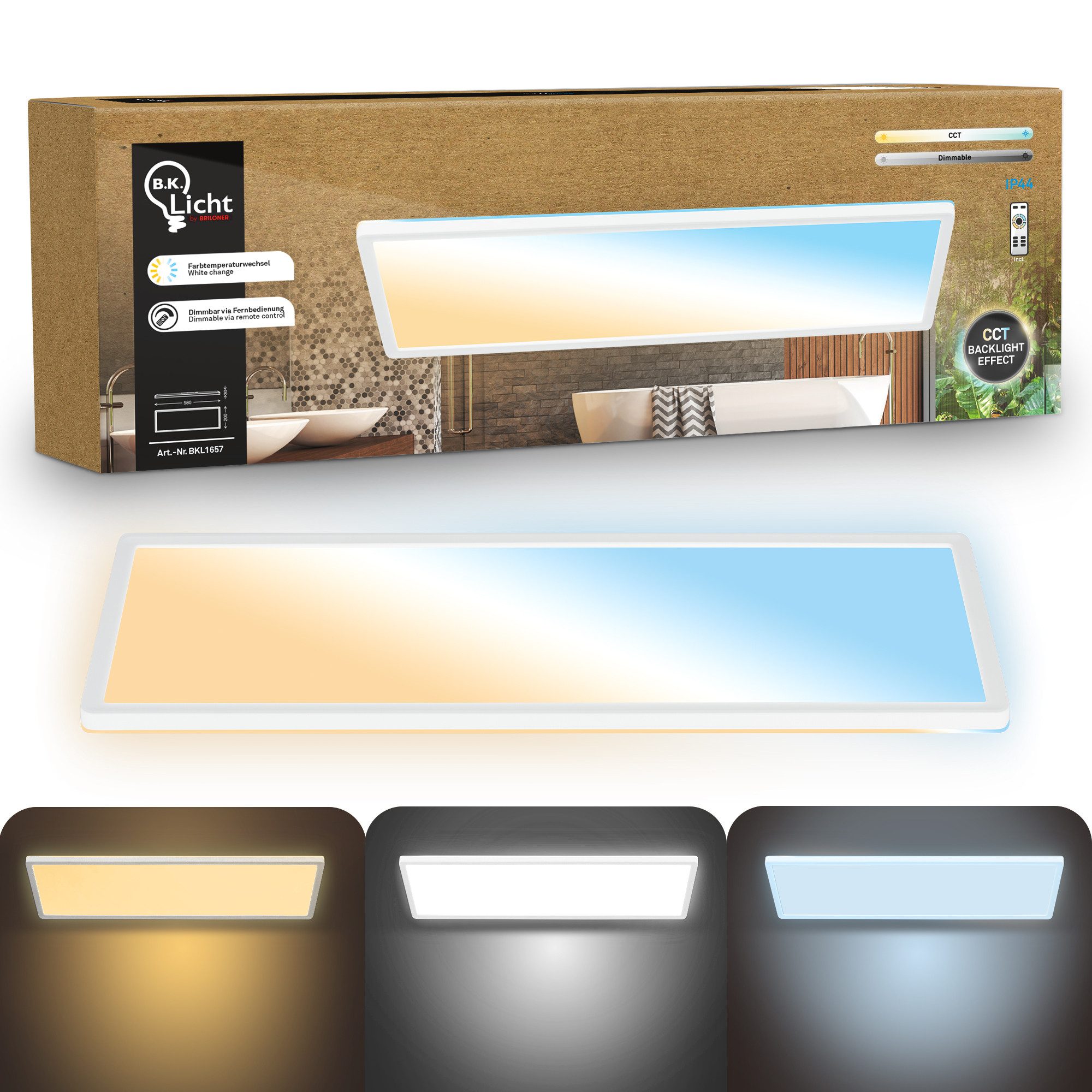 B.K.Licht LED Panel Deckenleuchte Wohnzimmer Flach Fernbedienung CCT Dimmbar IP44, LED fest integriert, CCT-Farbtemperatursteuerung, Badlampe, Badezimmer, Küche, Wohnzimmer