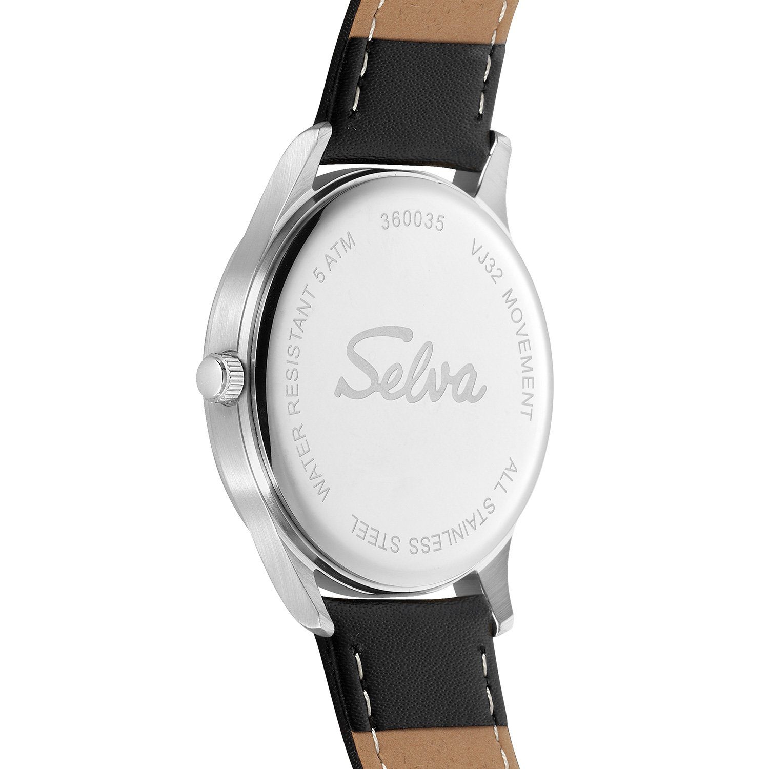 Selva Technik Quarzuhr SELVA Quarz-Armbanduhr mit Lederband Zifferblatt weiß, Gehäuse Ø 39mm