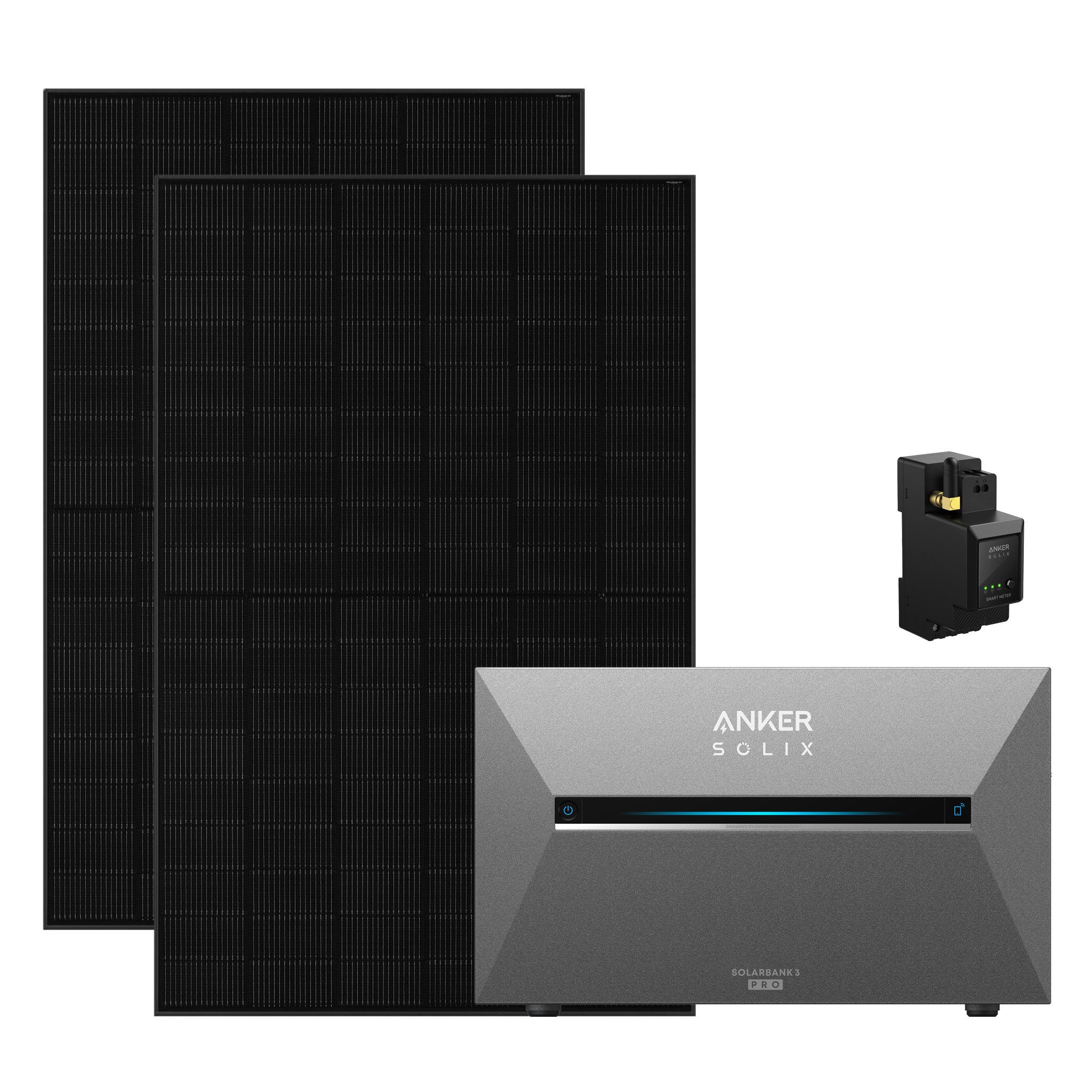 Anker Balkonkraftwerk Solix 910W Photovoltaikanlage Komplettset mit Solarbank E2700 3 Pro, 800 W, (Set, 2 Solarmodule mit Anker solarbank 3 Pro und Smart meter / Montageset), integriertem Wechselrichter, Wifi, Bluetooth, IP65, Halterung optional