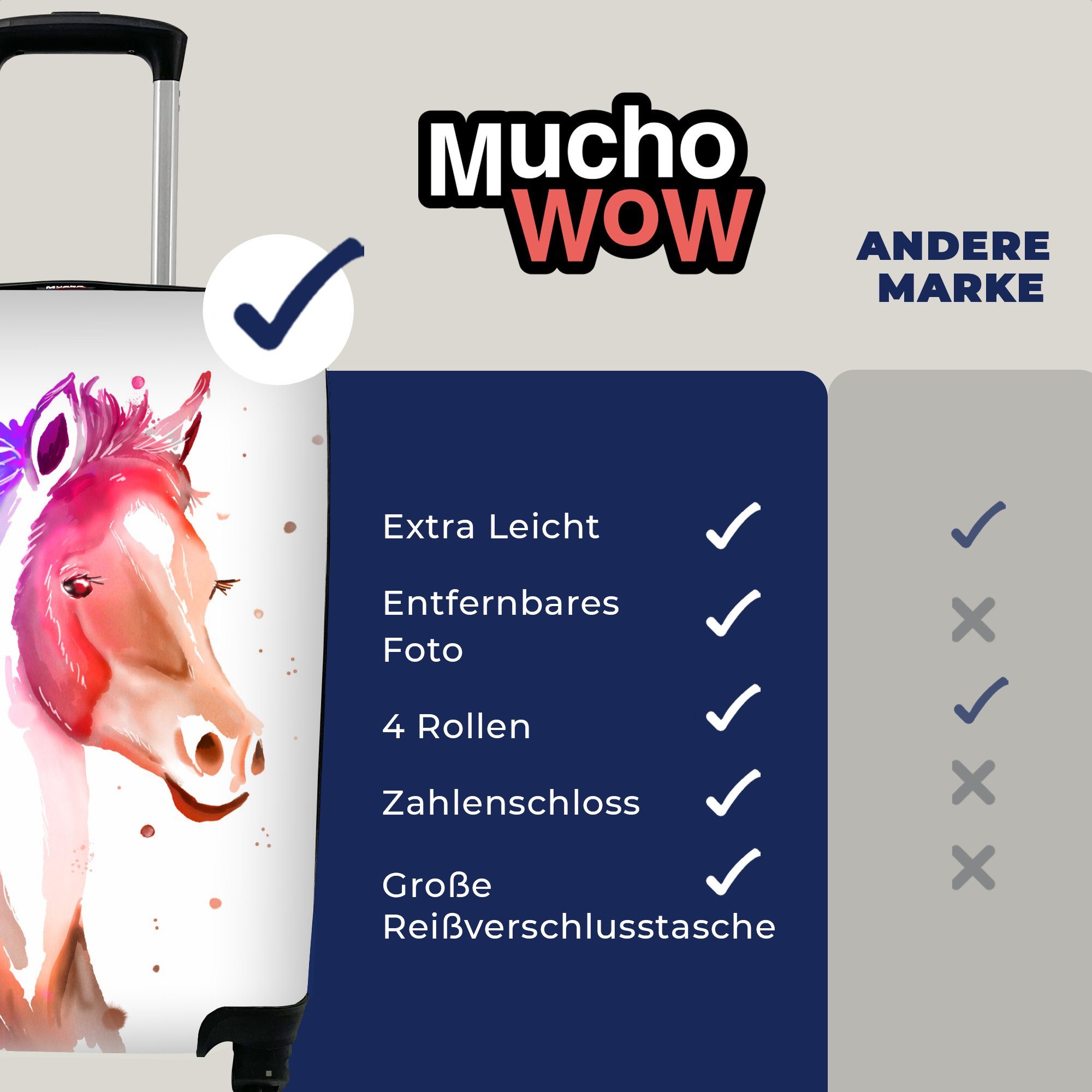 für - Handgepäckkoffer - MuchoWow - Blau Rosa Mädchen, - Handgepäck Kinder Mädchen mit - Reisetasche Rollen, Reisekoffer rollen, Trolley, Ferien, 4 Pferd