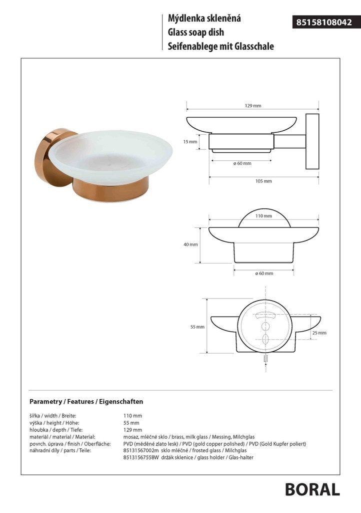 BRILLANTBAD® Seifenschale BORAL Seifenablage Gold Kupfer poliert Bad & Küche >> Bohren / Kleben, Breite: 5.5 cm