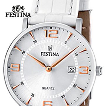 Festina Quarzuhr Festina Damen Uhr F16477/4 Analog Leder, (Analoguhr), Damen Armbanduhr rund, Lederarmband weiß