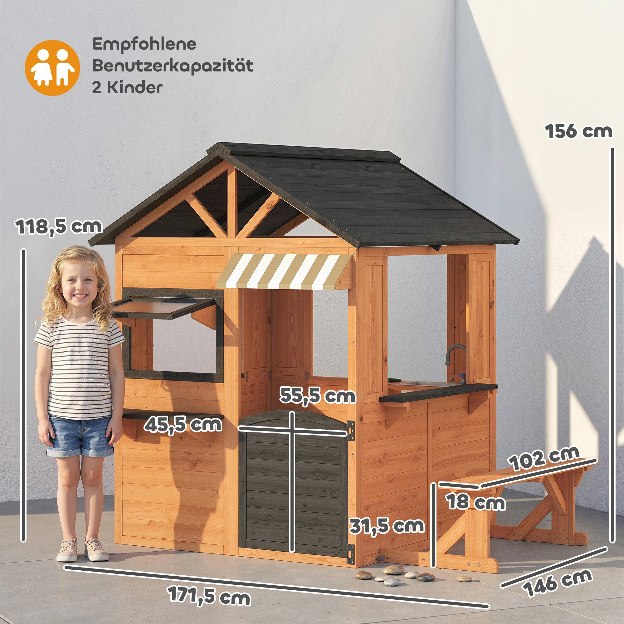 AIYAPLAY Spielhaus Kinderspielhaus aus Holz Outdoor mit Spielküche, Bank, für Kinder von 3-8 Jahren 171,5 x 146 x 156 cm Braun