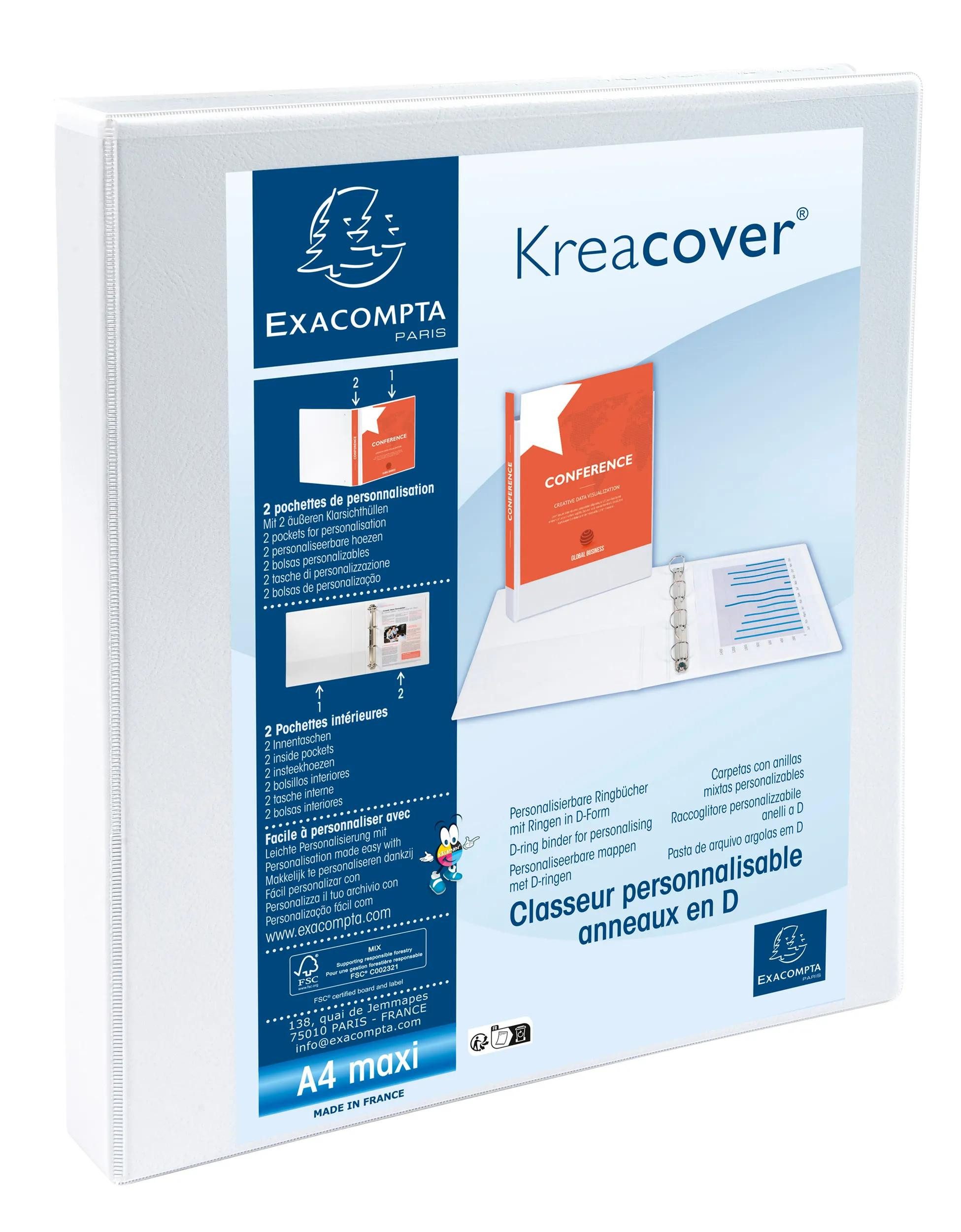 EXACOMPTA Ringbuchmappe 10x Ringhefter PP 19mm 2Ring 16mm D Rücken 38mm A4 Maxi Weiß 54940E, Personalisierbar Ringbücher