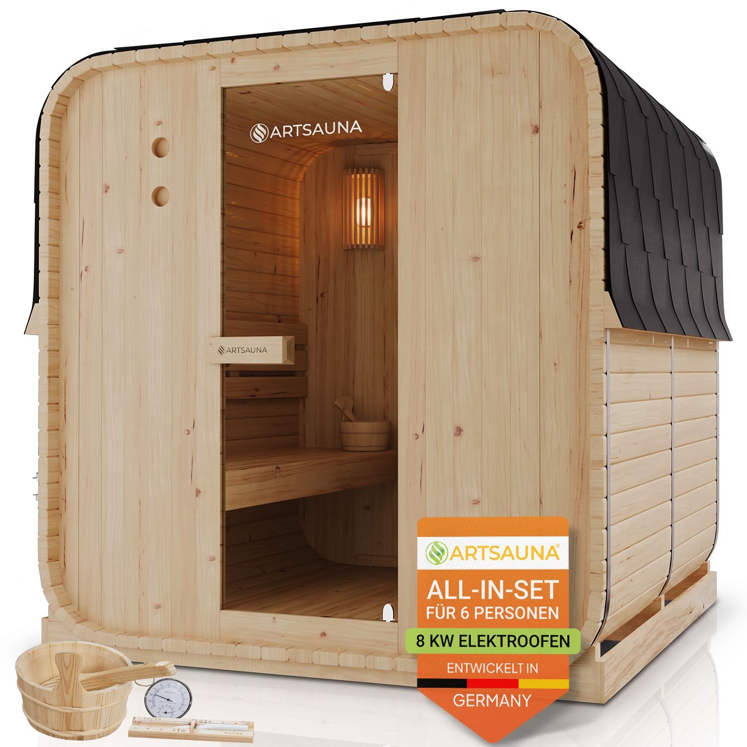 Artsauna Fasssauna Nolvik, BxTxH: 185 x 220 x 194 cm, 38 mm, Für 6 Personen, 8 kW Saunaofen, Fichtenholz, Zubehör-Set