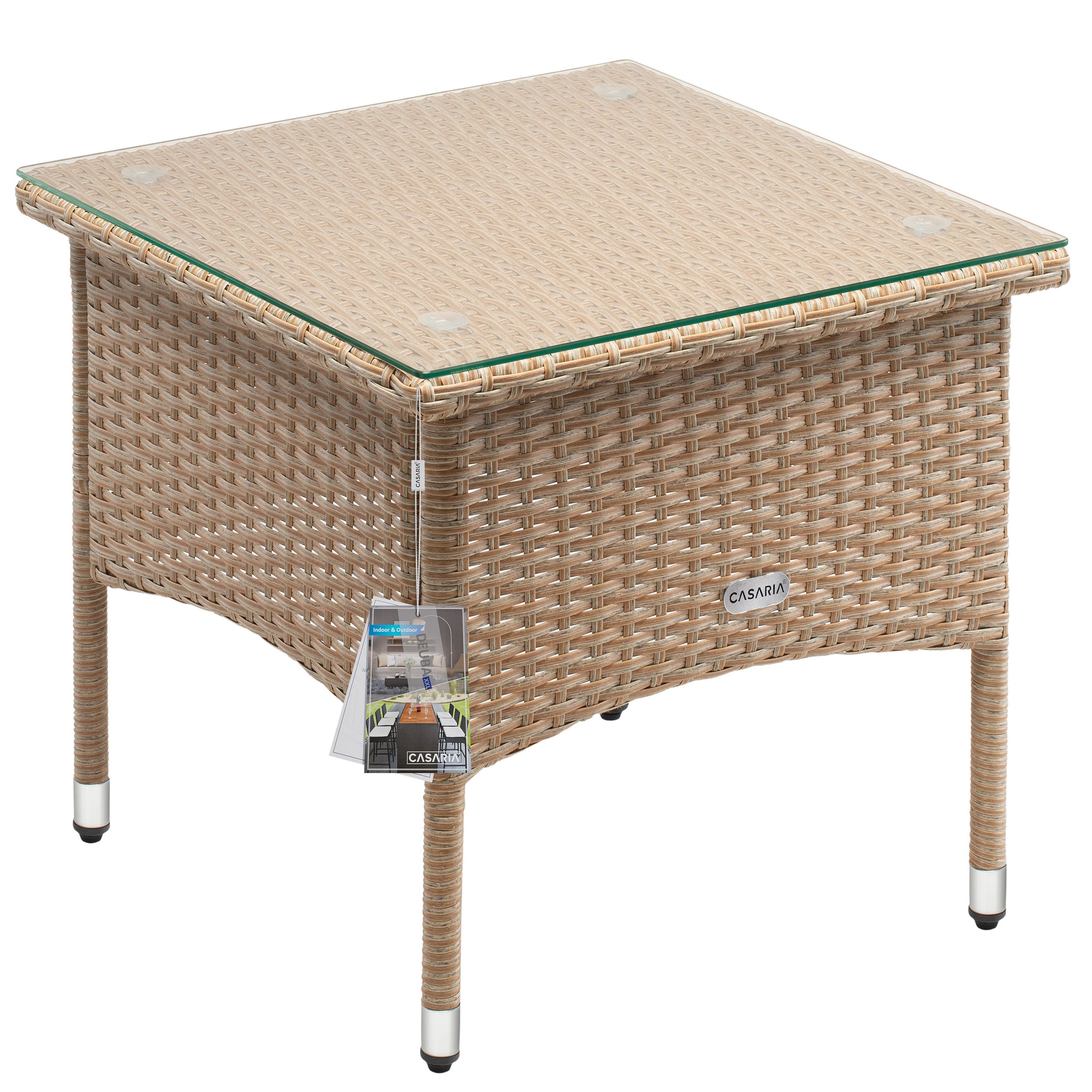 Casaria Beistelltisch (1-St), Polyrattan 50x50x45cm Höhenverstellbar 5mm Glasplatte Wetterfest