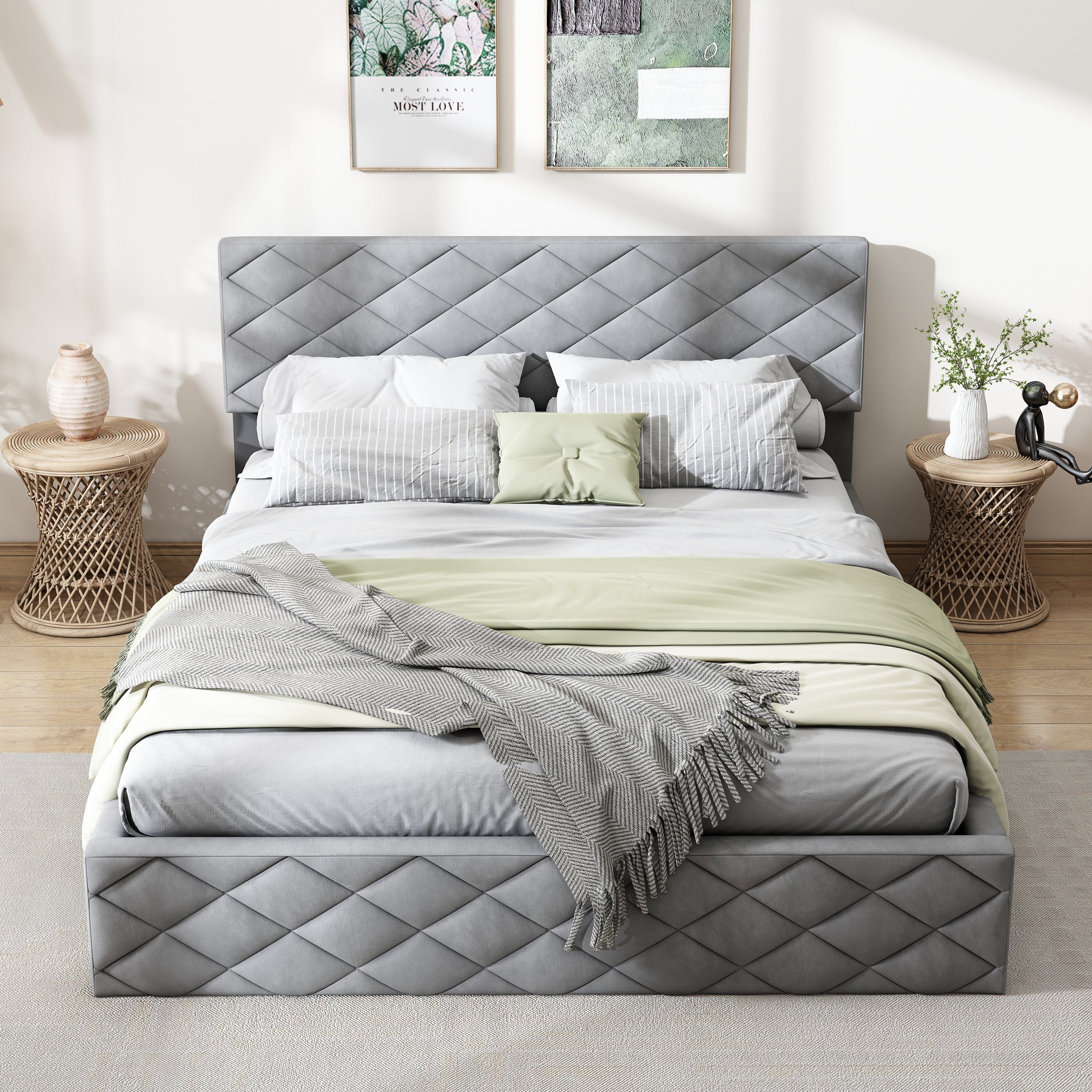 Boxspringbett, Hydraulisches Funktionsbett Polsterbett mit Lattenrost und Bettkasten 140x200cm Doppelbett, Grau Samtbezug, Lattenrost aus Holz