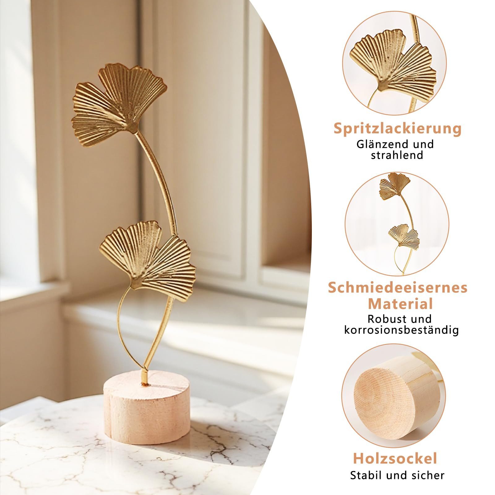 FOUORTUNATE-BEE Dekofigur 2 Stück Ginkgoblatt Monstera Statue Deko, Kreative Statue (Blatt Metallskulptur, 2 St., Gold Desktop Skulptur Deko für Home, Büro, Sch – Bild 3 von 5