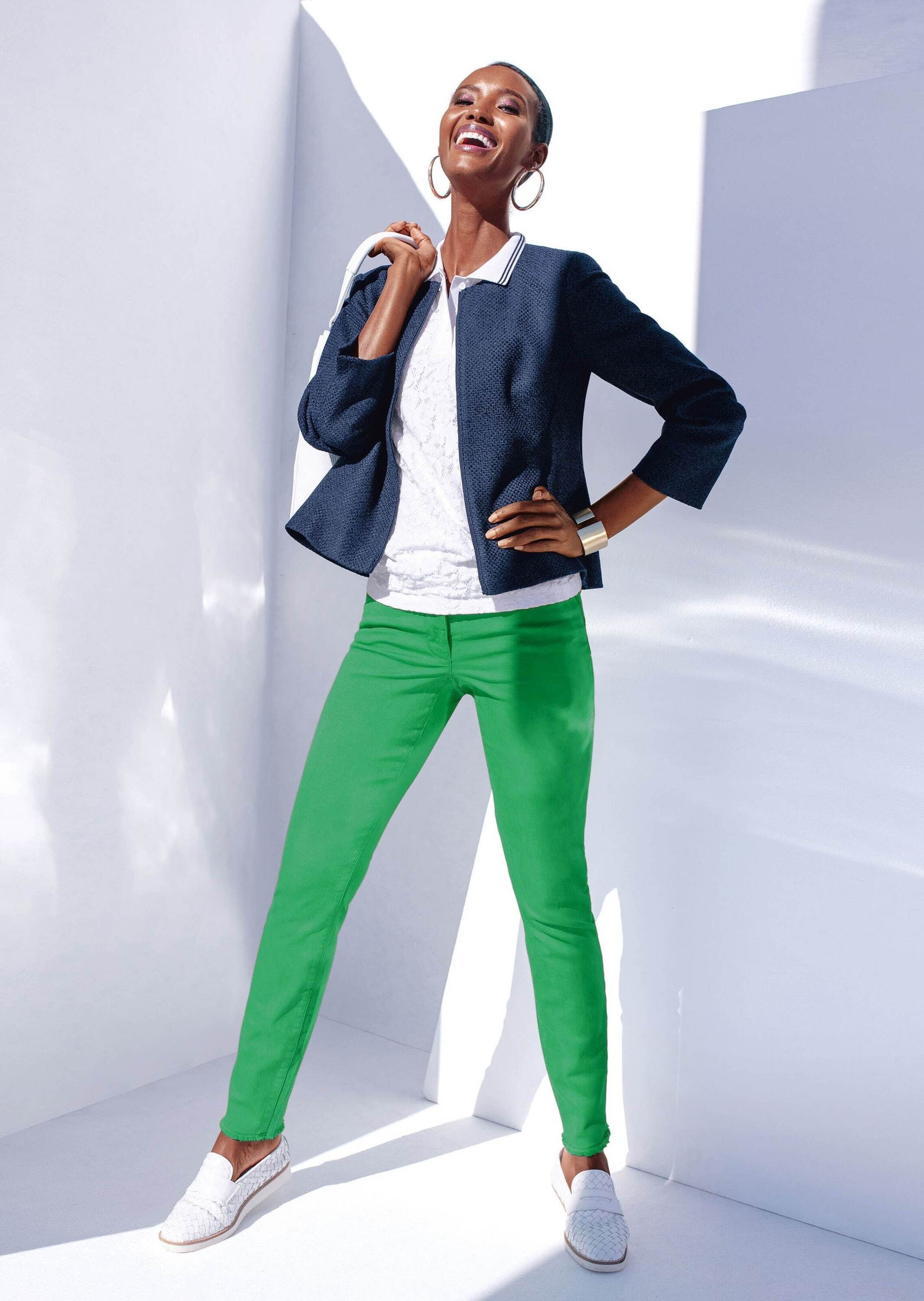 MADELEINE Gerade Jeans Mid Waist Skinny-Hose mit Fransen Fransenhose in schmale Silhouette, Five-Pocket-Stil