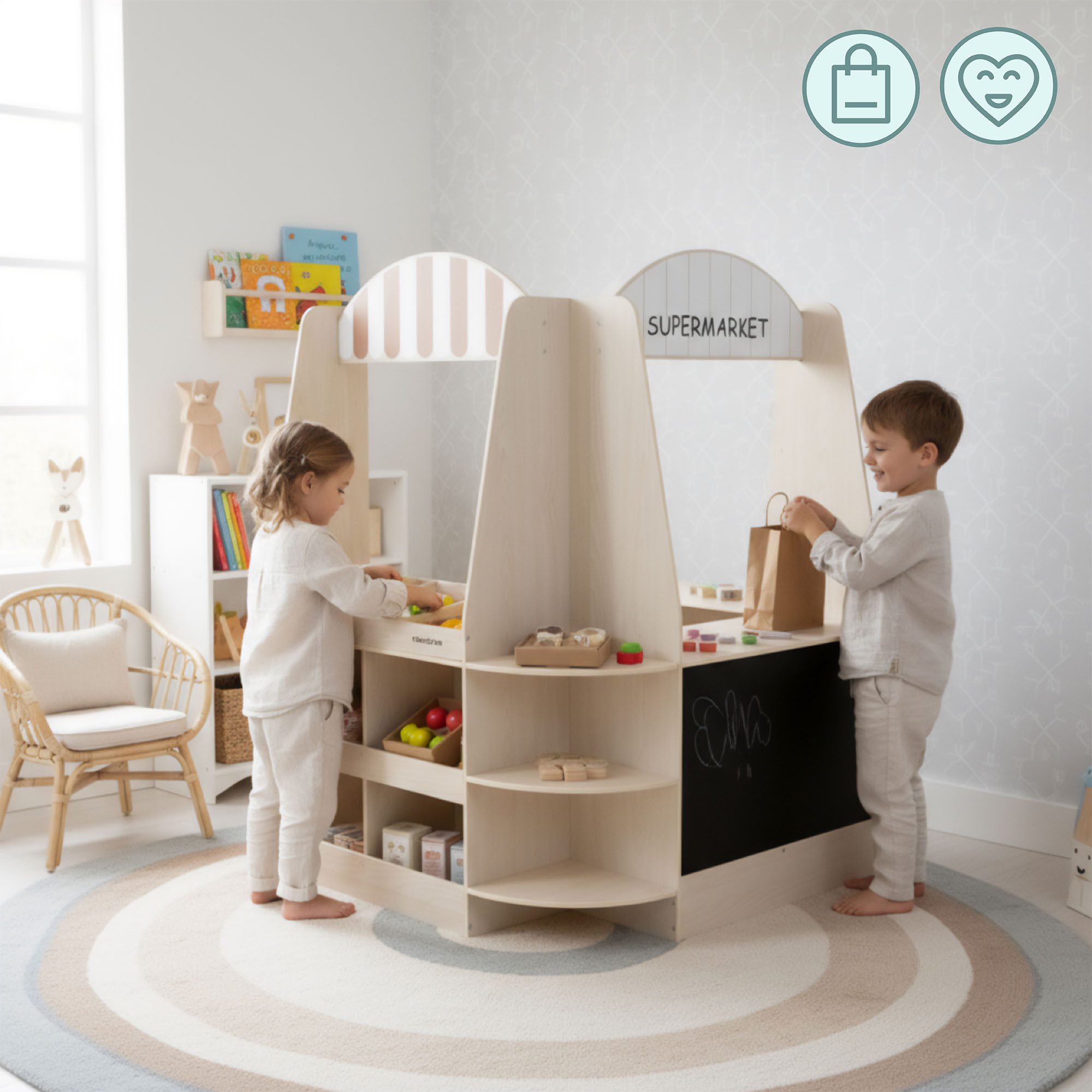 Mamabrum Spiel-Einkaufswagen XXL-Holz-Supermarkt für Kinder – 91-teiliges Einkaufs-Spielset, (91-tlg)