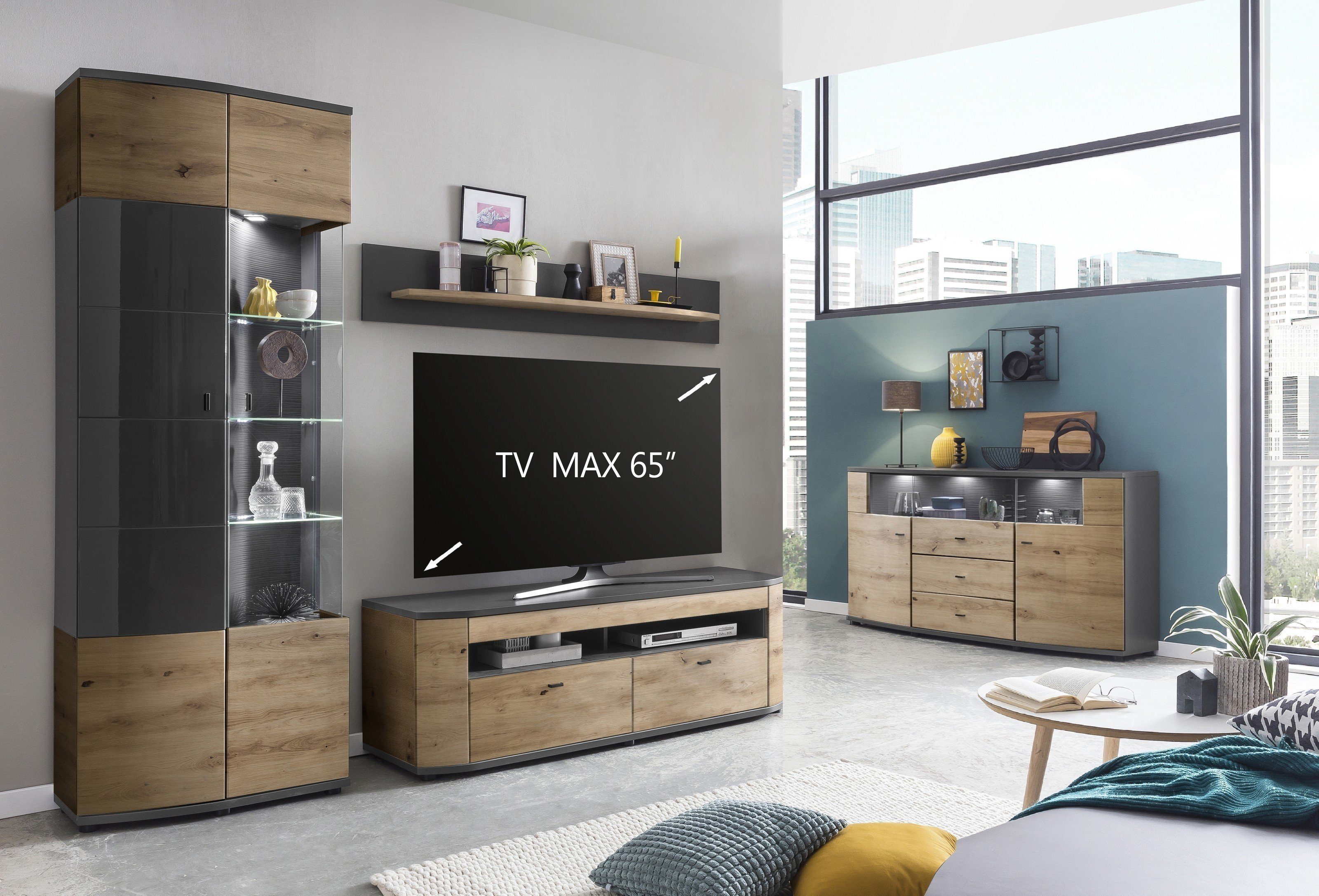 Forestdream Wohnwand in Dekor Artisan Eiche/Anthrazit Hochglanz, (BxHxT: 235x200x46,4 cm)