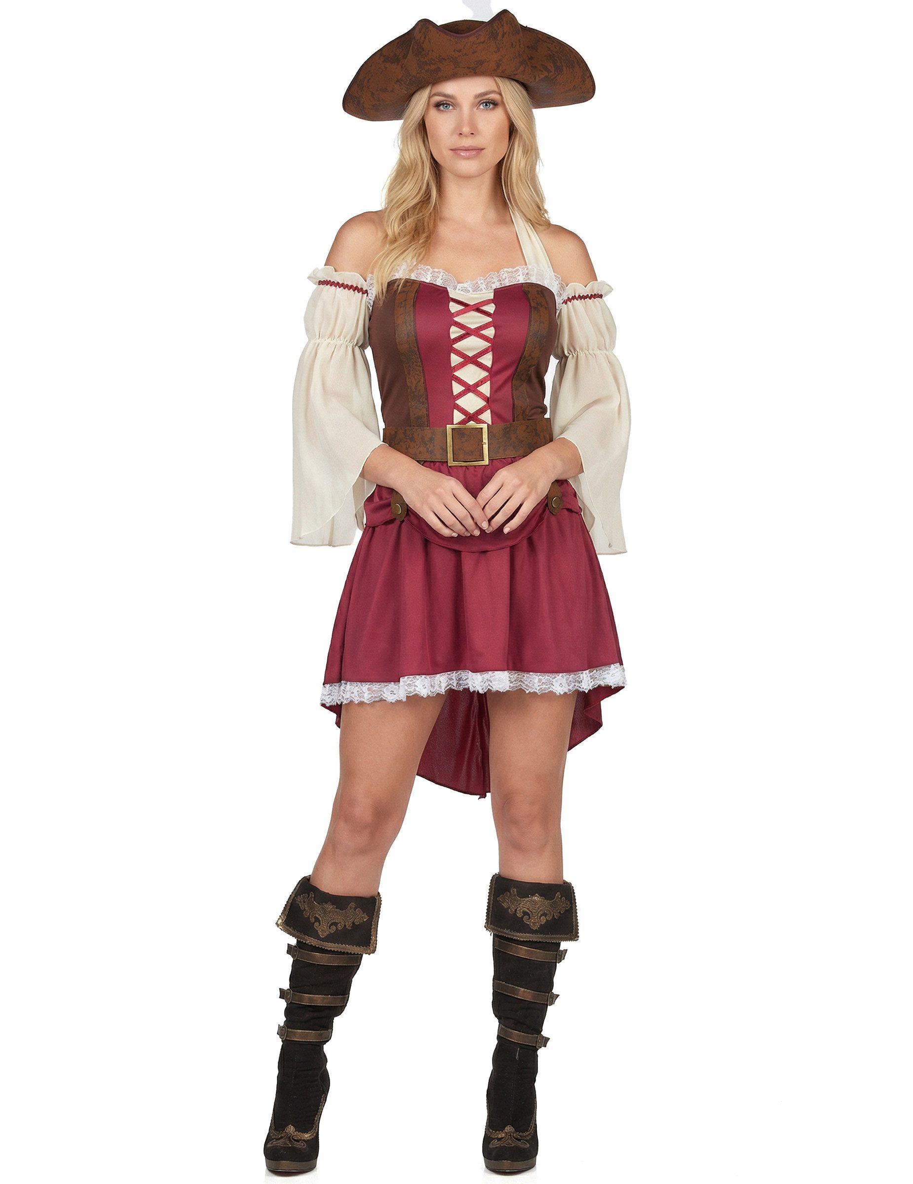 JADEO Piraten-Kostüm Sexy Piraten-Damenkostüm Faschingskostüm rot-braun-weiss