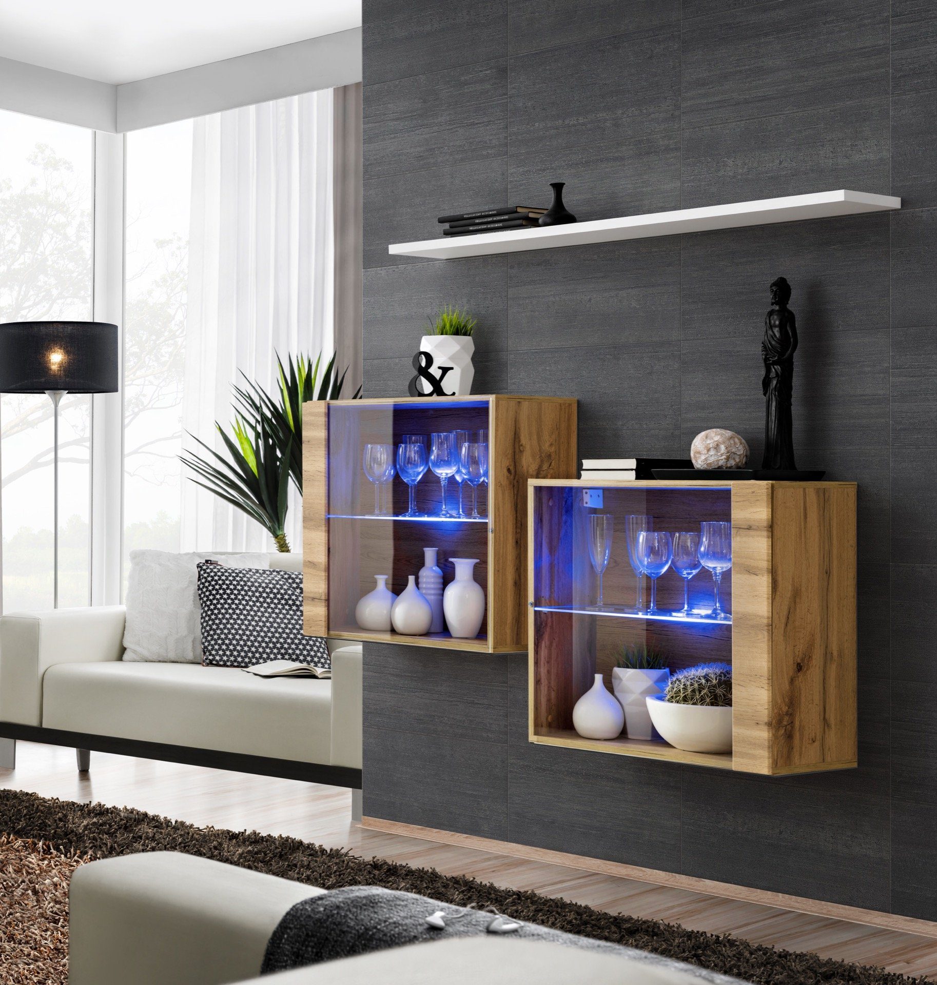 Stylefy Wohnwand Swotch SB III, (Wohnmöbel, Wohnzimmer-Set, Set (3-St),  bestehend aus 2xHängevitrine und 1xWandboard, Modern, Hochglanzfronten,  variabel hängbar, mit Push-to-Open, inkl. LED-Beleuchtung, mit Glaseinsatz