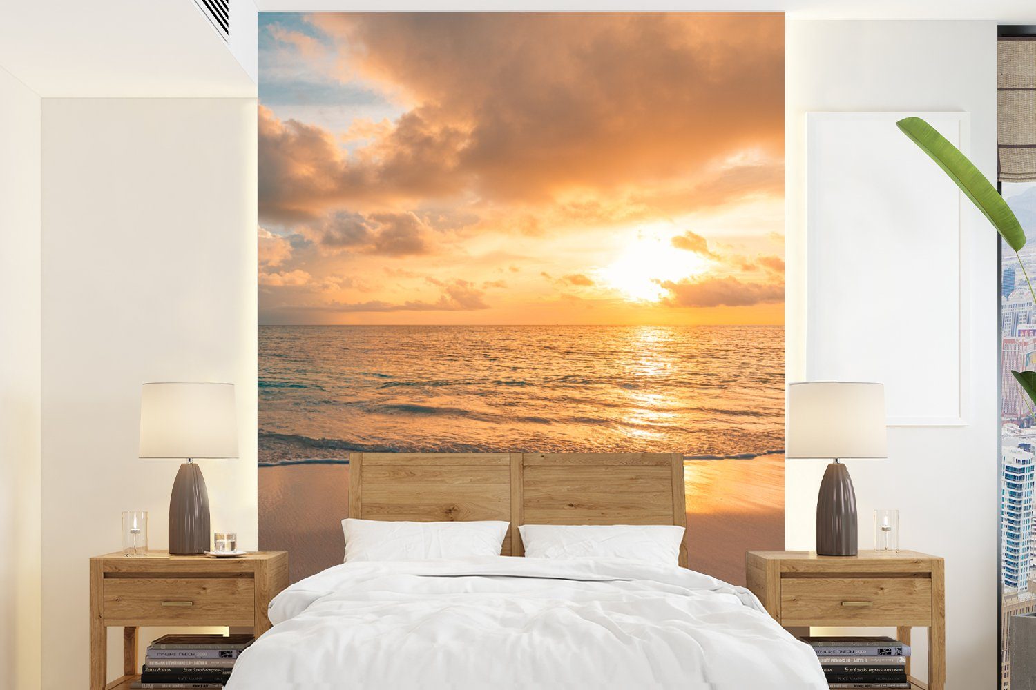 Sonnenuntergang - Tapete - Sommer Montagefertig (4 MuchoWow Matt, bedruckt, Vinyl Wolken Meer, für St), Strand - - Fototapete Wohnzimmer, Wandtapete