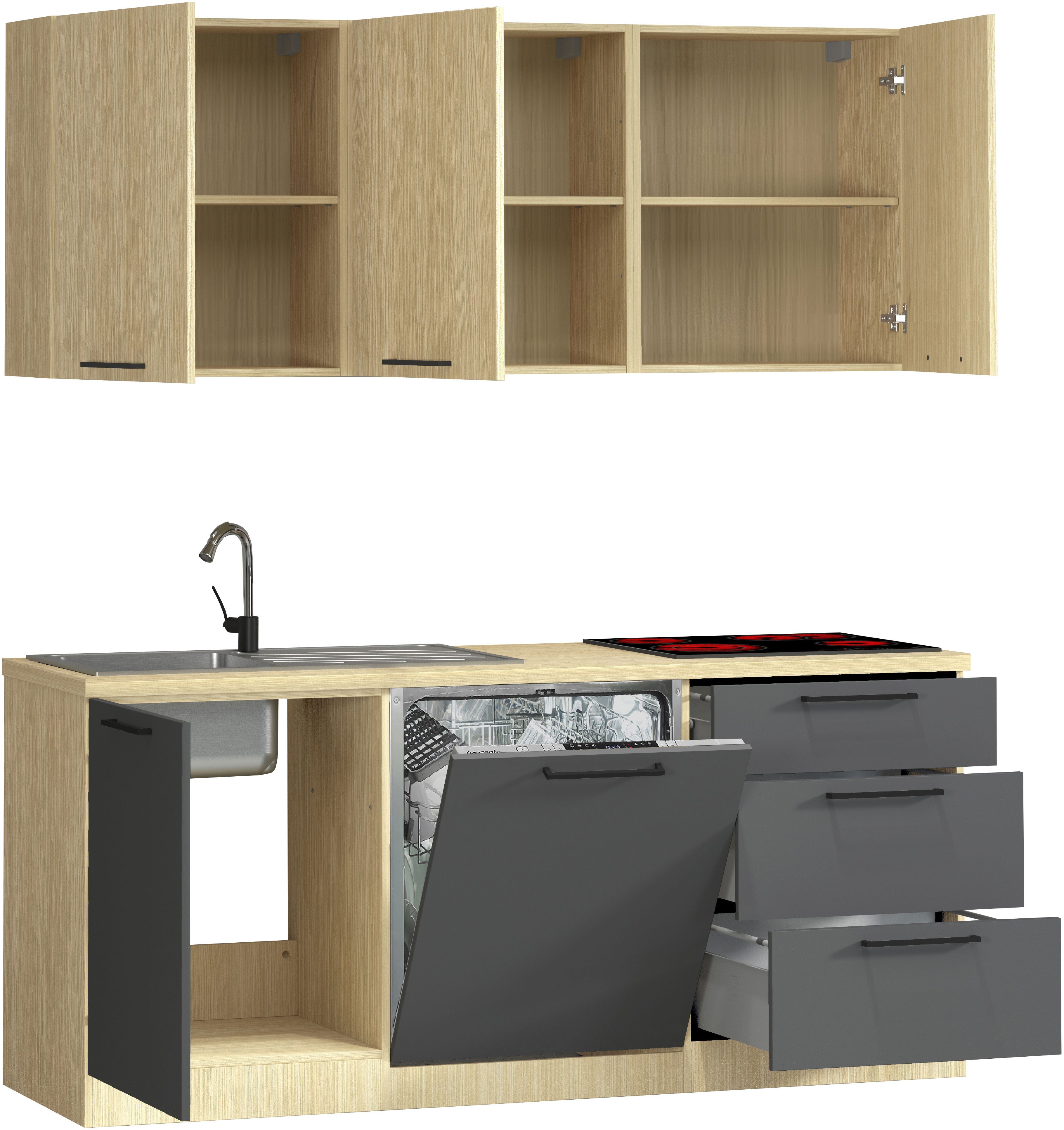 KOCHSTATION Küchenzeile Luna, Küchenzeile mit Spüle + Siphon, ohne E-Geräte, Breite 182 cm,Türen mit Soft-Close Funktion, Metalgriffe,Made in Italy